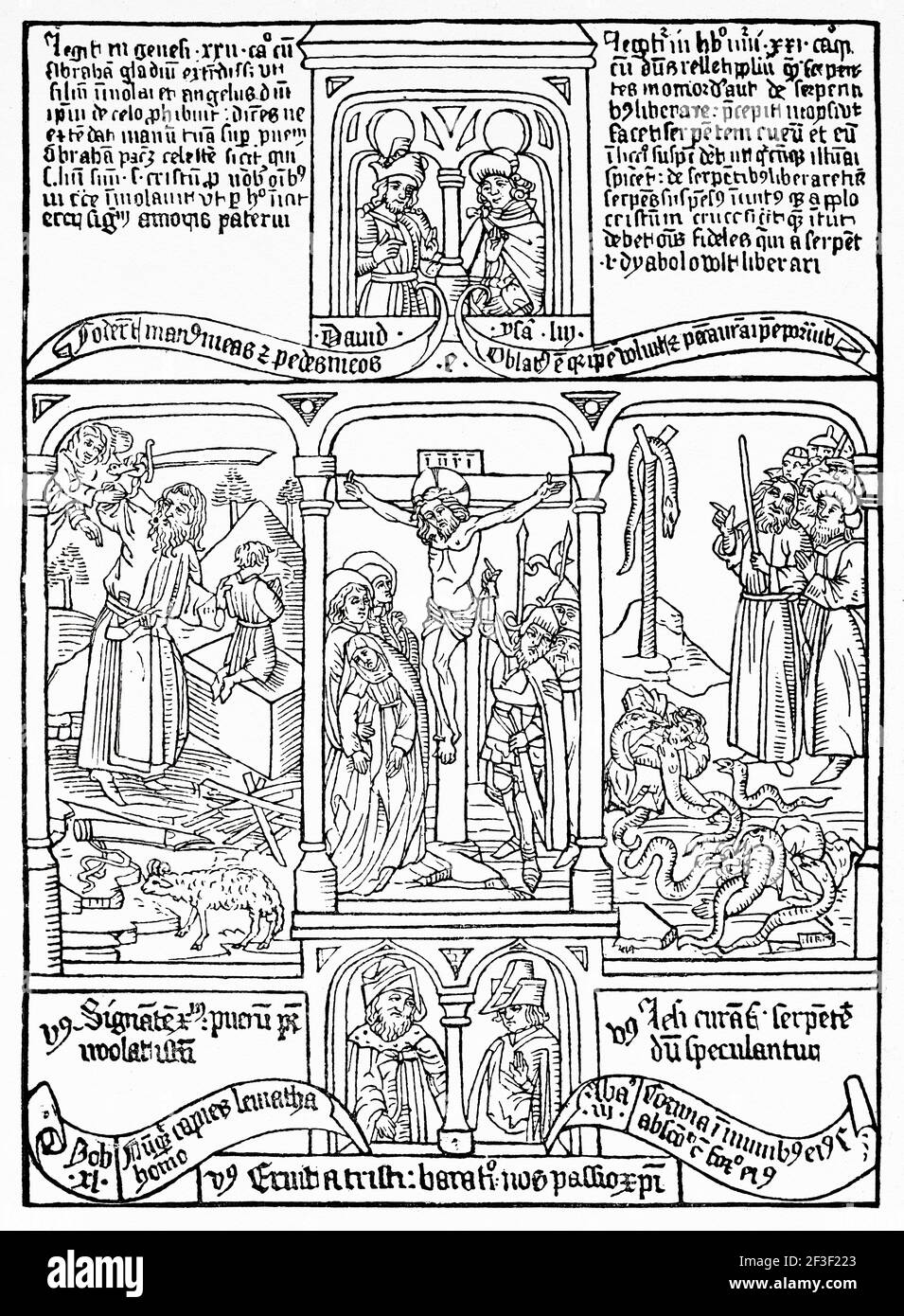 Bible des pauvres du XVe siècle. Crucifixion du Christ, sacrifice d'Isaac, serpent de bronze. Ancienne illustration gravée du XIXe siècle de Jésus-Christ par Veuillot 1890 Banque D'Images