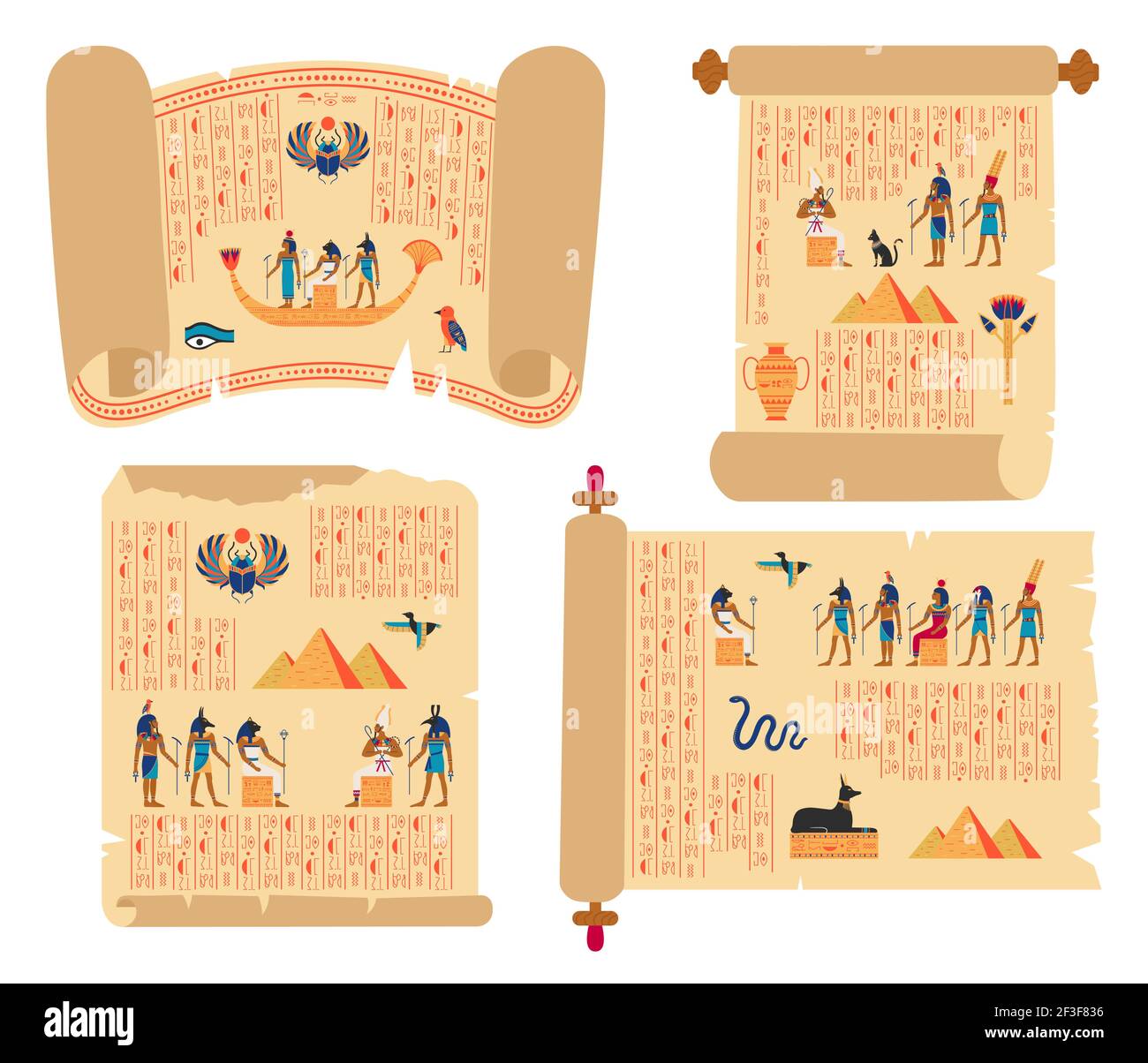 Papyrus égyptien défile. Papyrus d'égypte ancienne avec dieux, hiéroglyphes et pyramides vecteur d'illustration ensemble. Manuscrits historiques égyptiens anciens Illustration de Vecteur