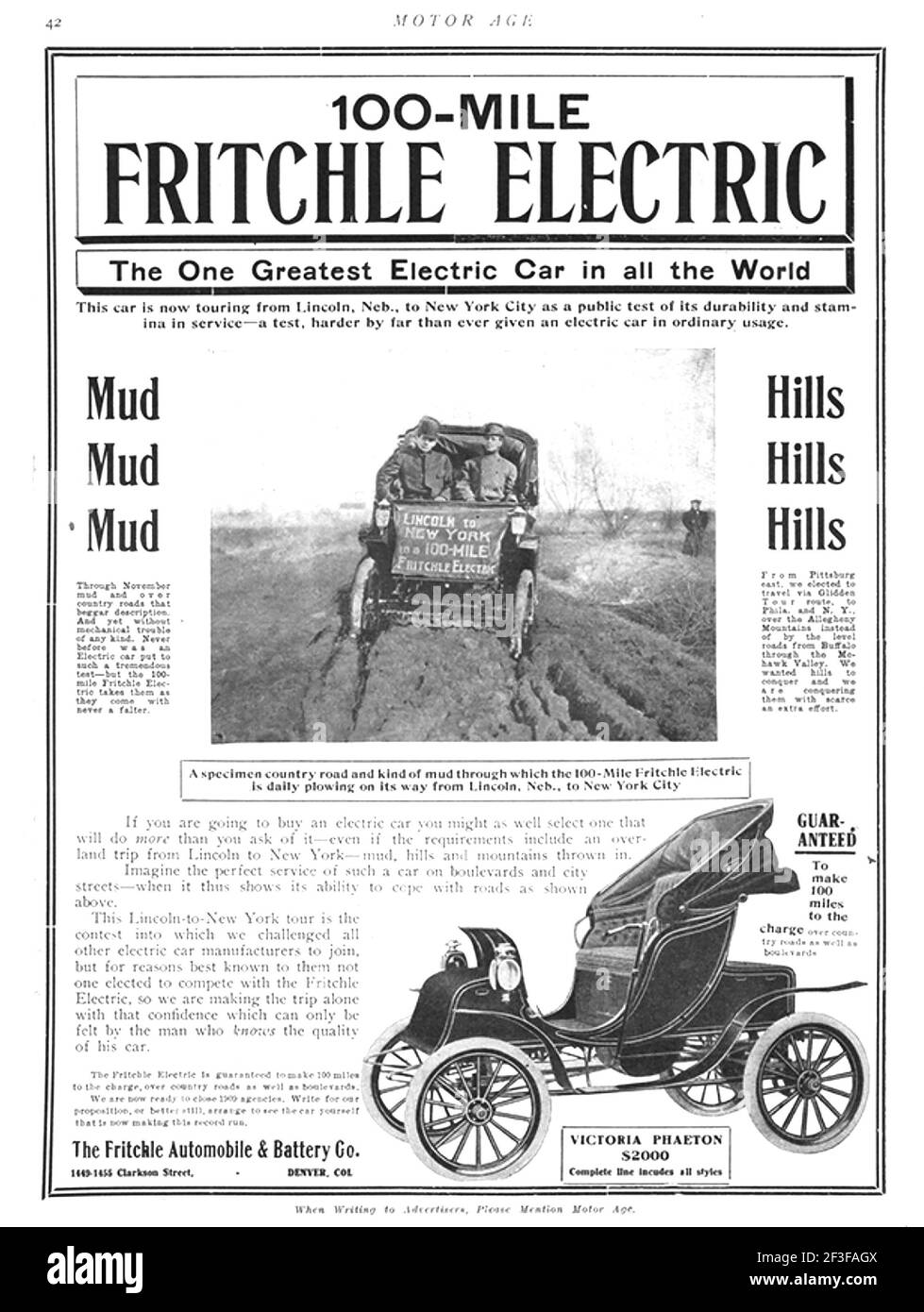 OLIVER FRITCHLE (1874-1951) chimiste américain et pionnier des véhicules électriques. Un reportage contemporain sur son trajet épique de 1800 km dans une voiture Victoria Phaeton standard en 1908 de Lincoln à New York Banque D'Images