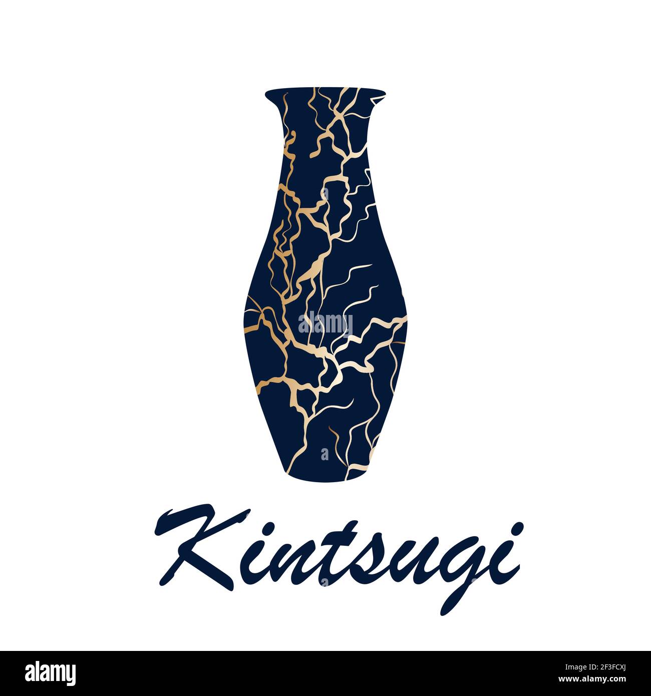Vase japonais kintsugi rénové art couleur dessin gravure illustration. Inscription Kintsugi. Illustration de Vecteur