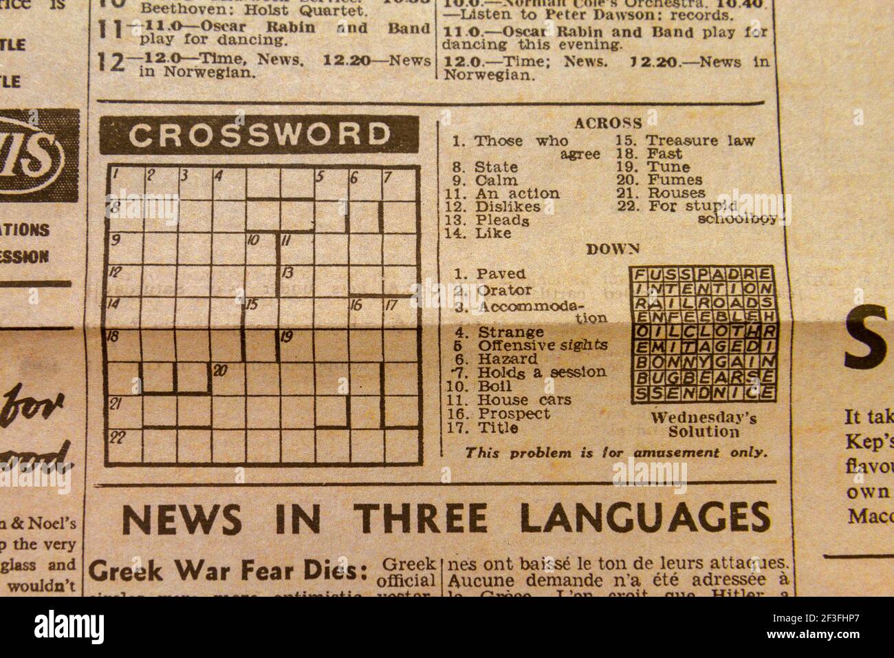 Casse-tête en mots croisés dans le quotidien Sketch Newspaper (réplique),  29 août 1940 (pendant le Blitz Photo Stock - Alamy