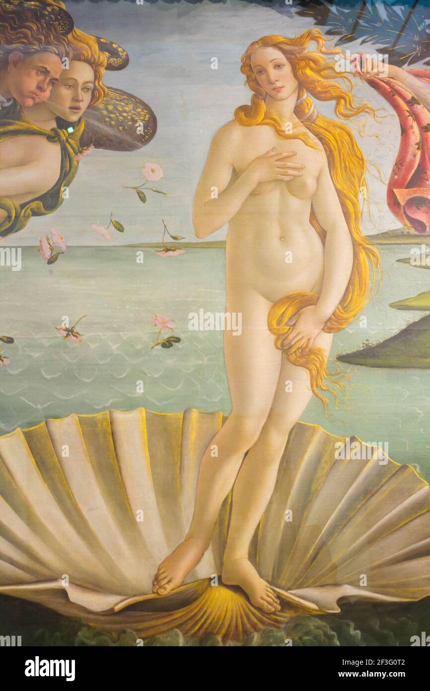 Florence, Italie, 8 février 2016. Détail de la peinture la naissance de Vénus dans la Galerie des Offices. Concept d'art Banque D'Images