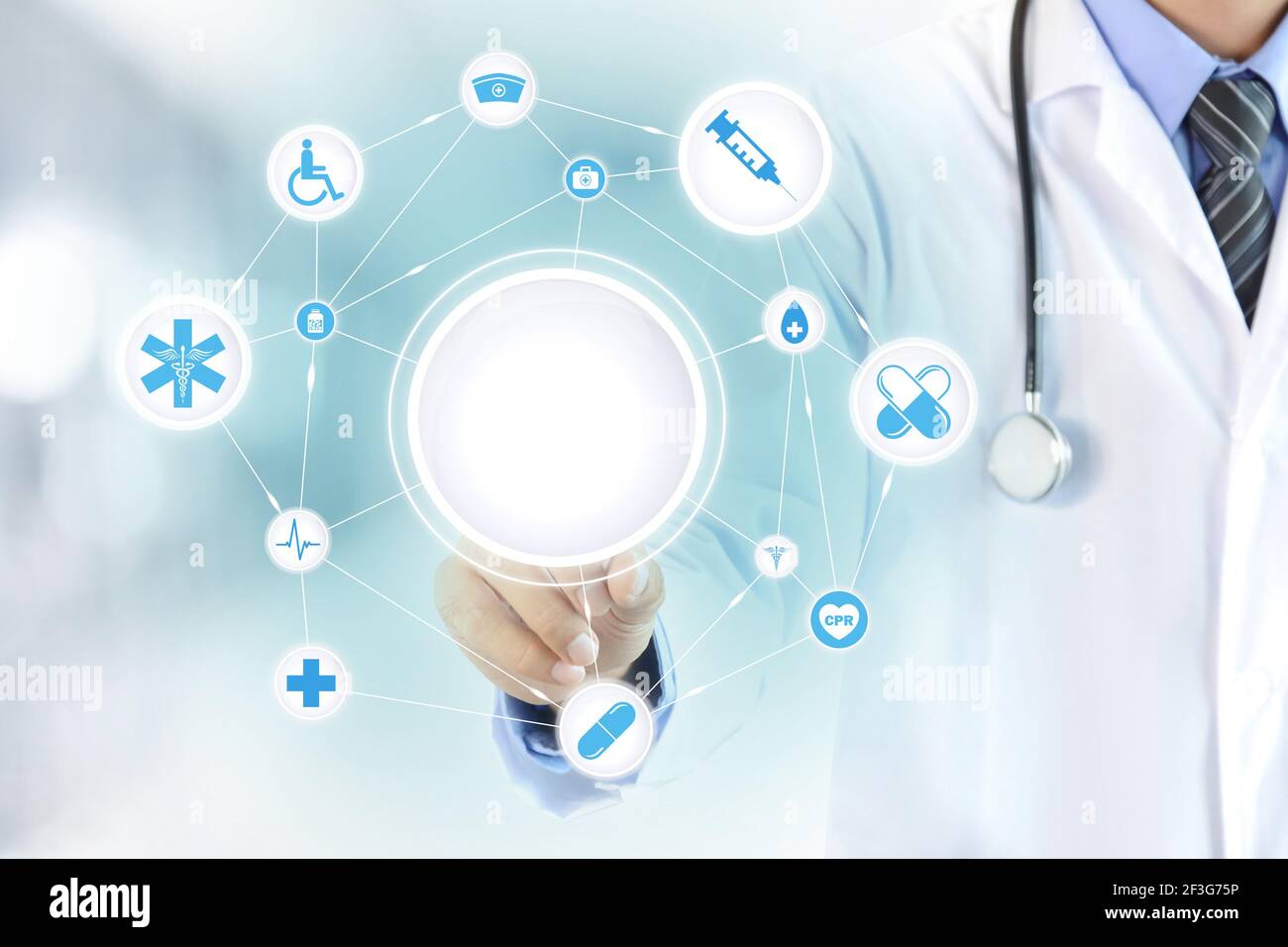 Main du médecin touchant un cercle blanc sur l'écran virtuel, la santé et  le concept de fond médical - peut montage vos textes (images) dans un  cercle Photo Stock - Alamy
