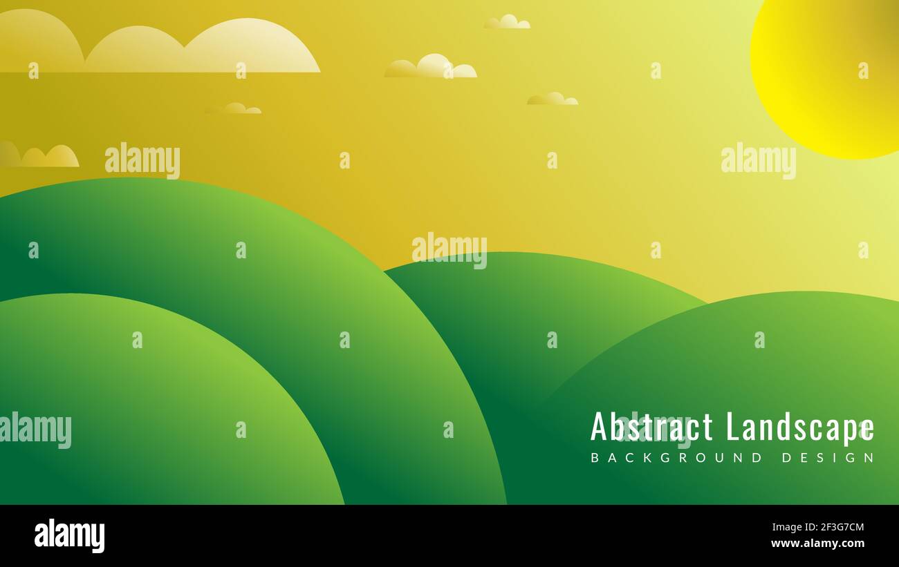 Résumé vue minimale du paysage avec ciel, nuages, collines et élément de forme de soleil. Modèle de conception d'arrière-plan. Illustration vectorielle créative. Vert jaune Illustration de Vecteur