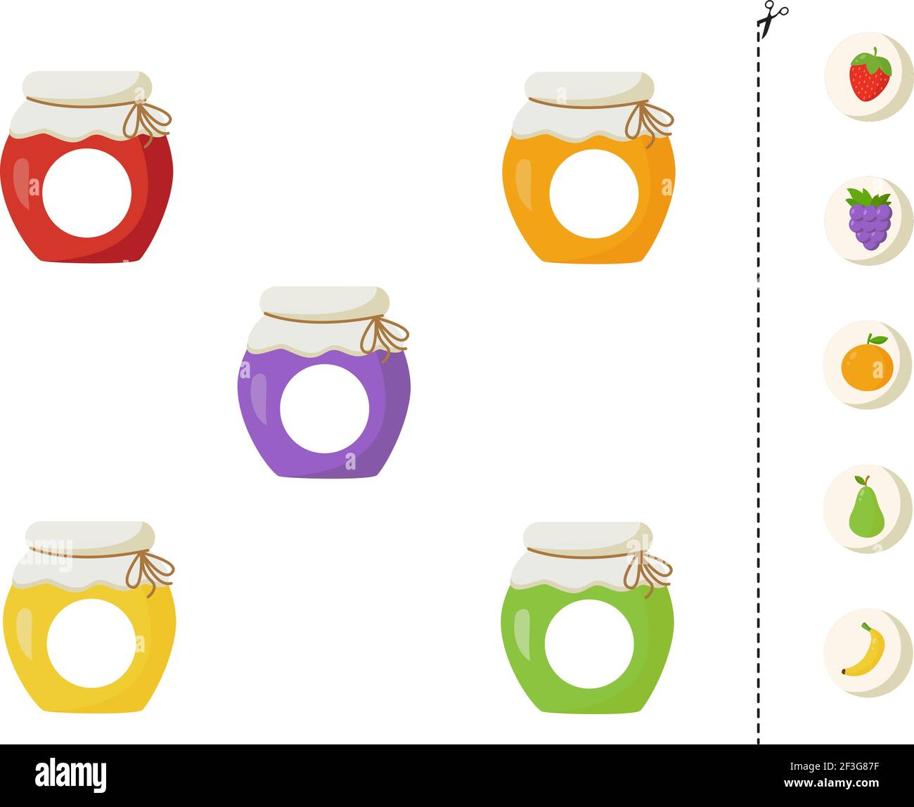 Coupez et collez le jeu avec des pots de confiture colorés. Jeu logique éducatif pour les enfants. Jeu correspondant. Illustration de Vecteur