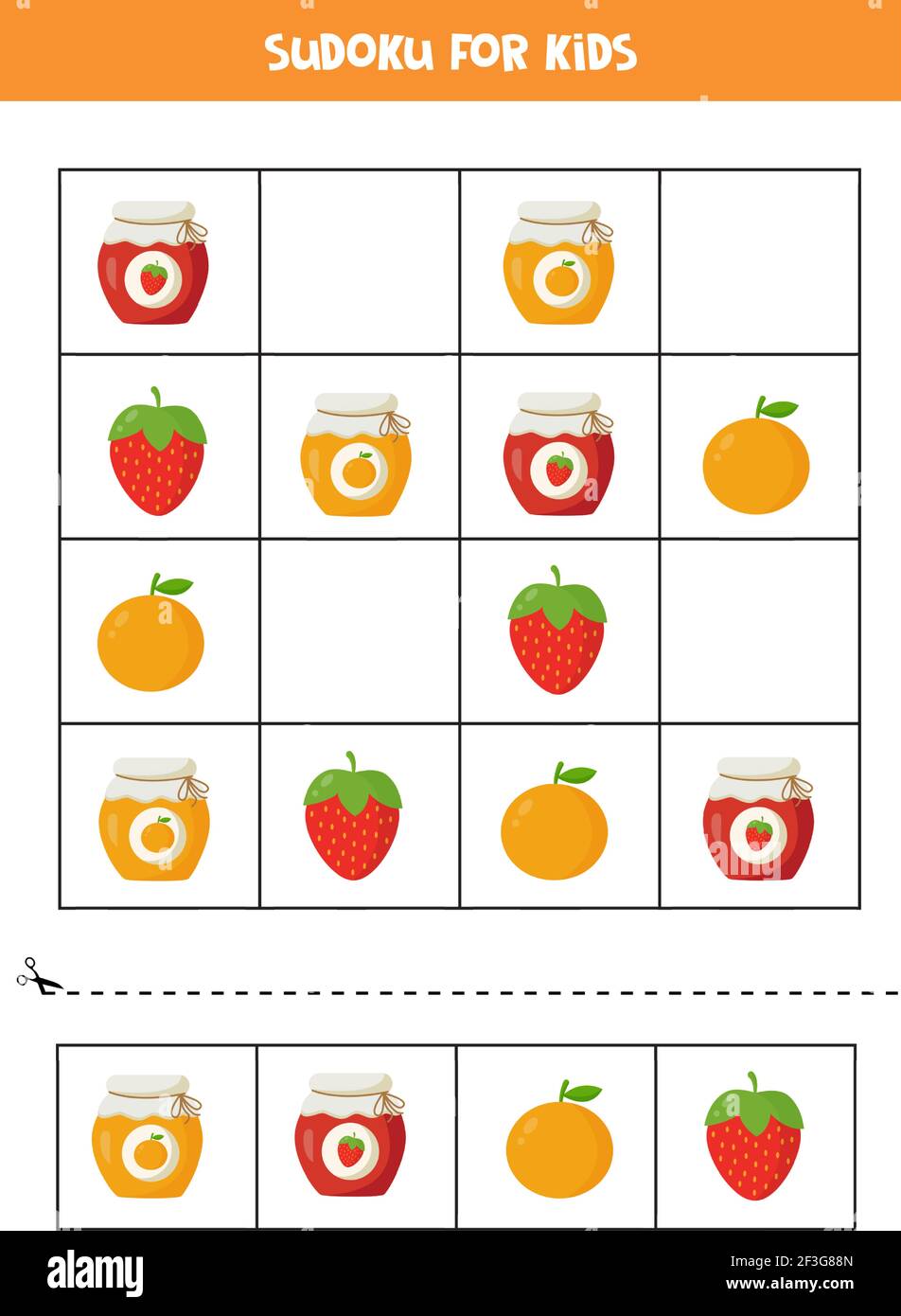 Sudoku pour les enfants d'âge préscolaire. Jeu logique avec des pots de confiture de dessins animés et des fruits. Illustration de Vecteur
