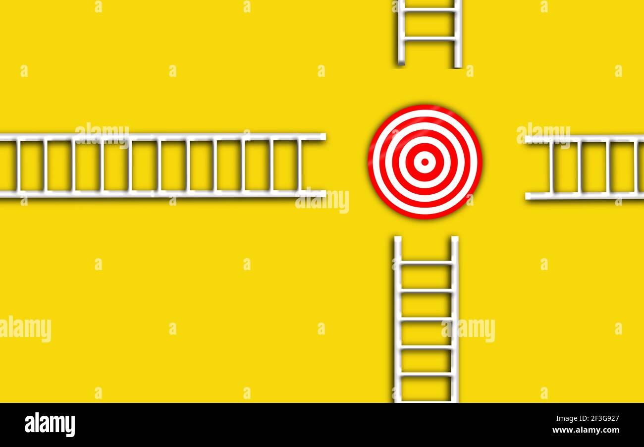 Un concept de cible d'entreprise égal à la concurrence. Leaders de la concurrence et de l'ambition pour le même objectif. Symbole de cible rouge, échelle 3d blanche, fond jaune, Banque D'Images
