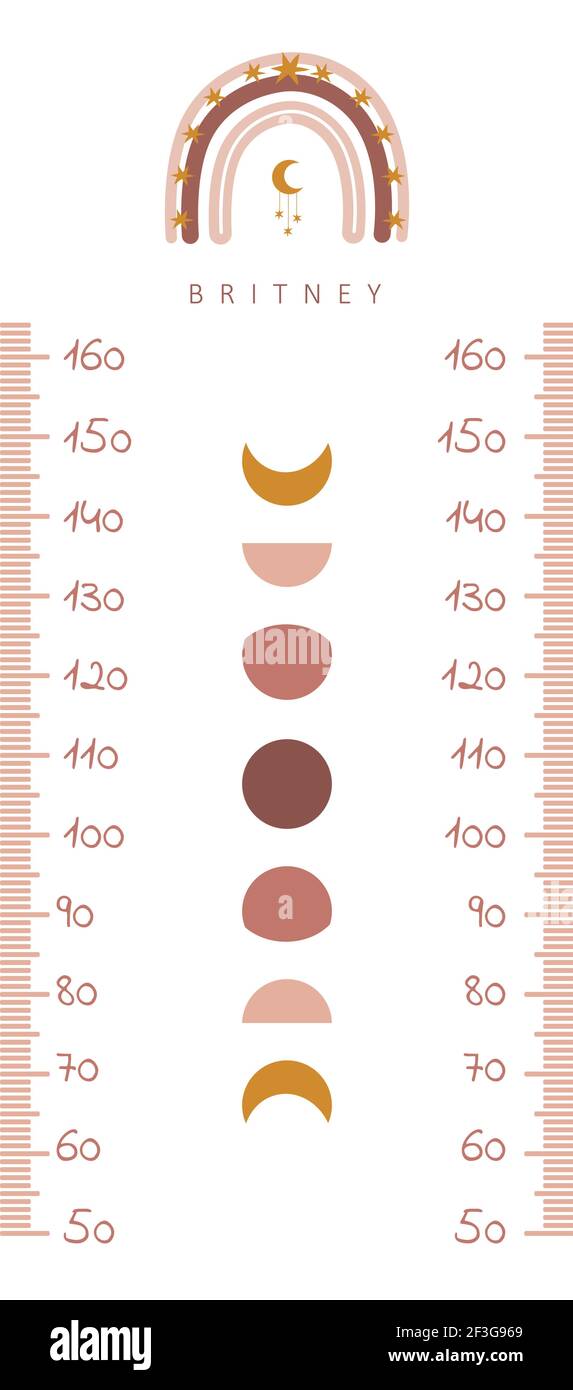 Tableau des hauteurs pour enfants. Mur du mètre avec un joli boho arc-en-ciel et lune. Illustration vectorielle en style de dessin animé Doodle. Graphique de croissance puérile. Modèle d'affiche pour Illustration de Vecteur