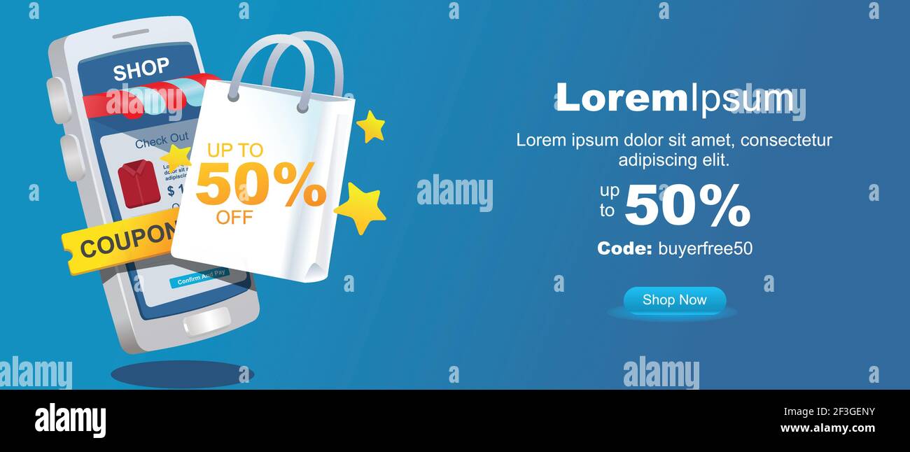 bannière de coupon de réduction. smartphone 3d avec boutique et sac à provisions et jusqu'à 50 % de remise. application pour téléphone mobile illustrateur à vecteur plat de style moderne Illustration de Vecteur