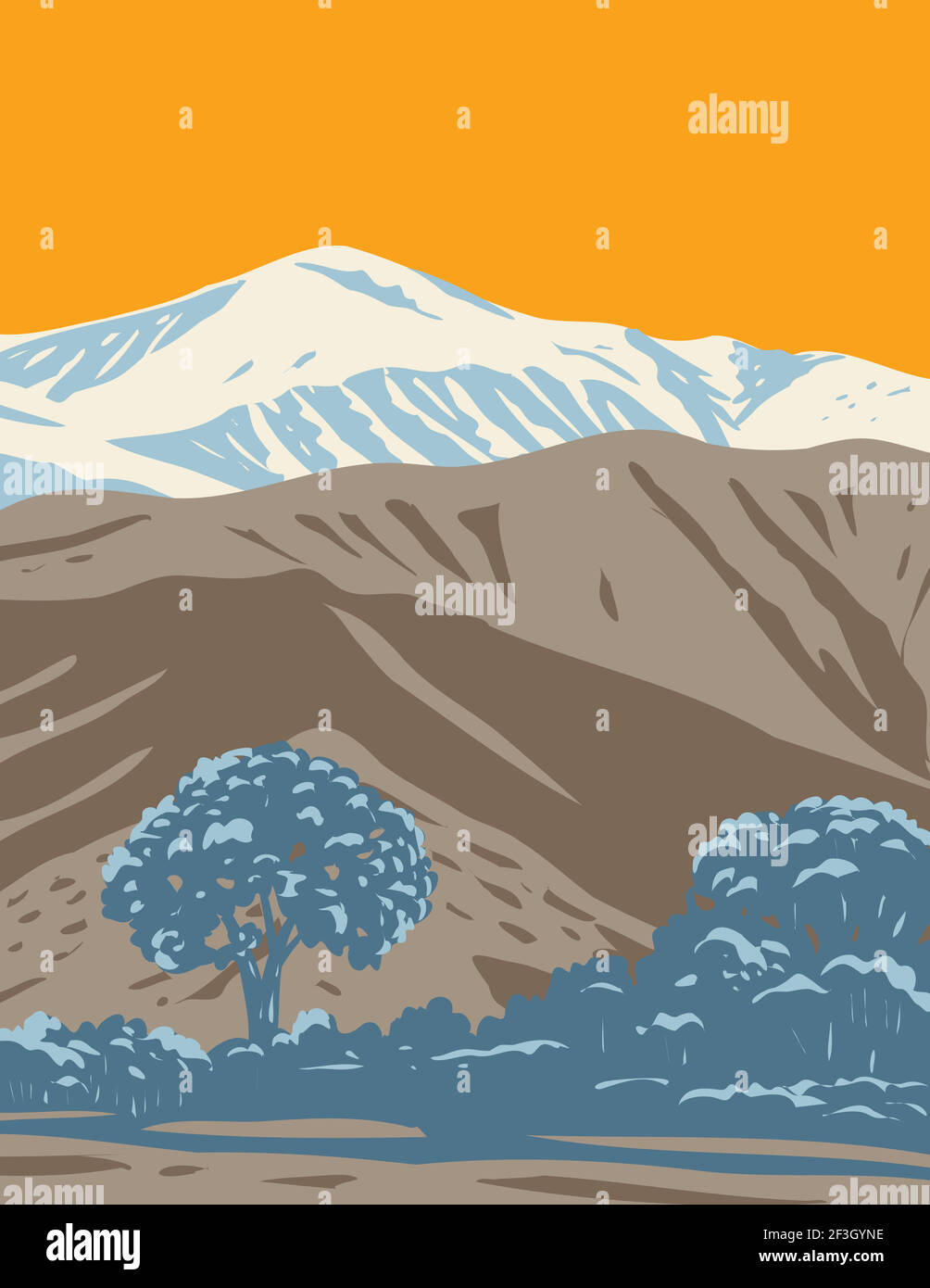 Affiche WPA du monument national sable-neige situé dans le sud de la Californie, couvrant les montagnes San Bernardino, le désert de Mojave et le désert du Colorado i Illustration de Vecteur
