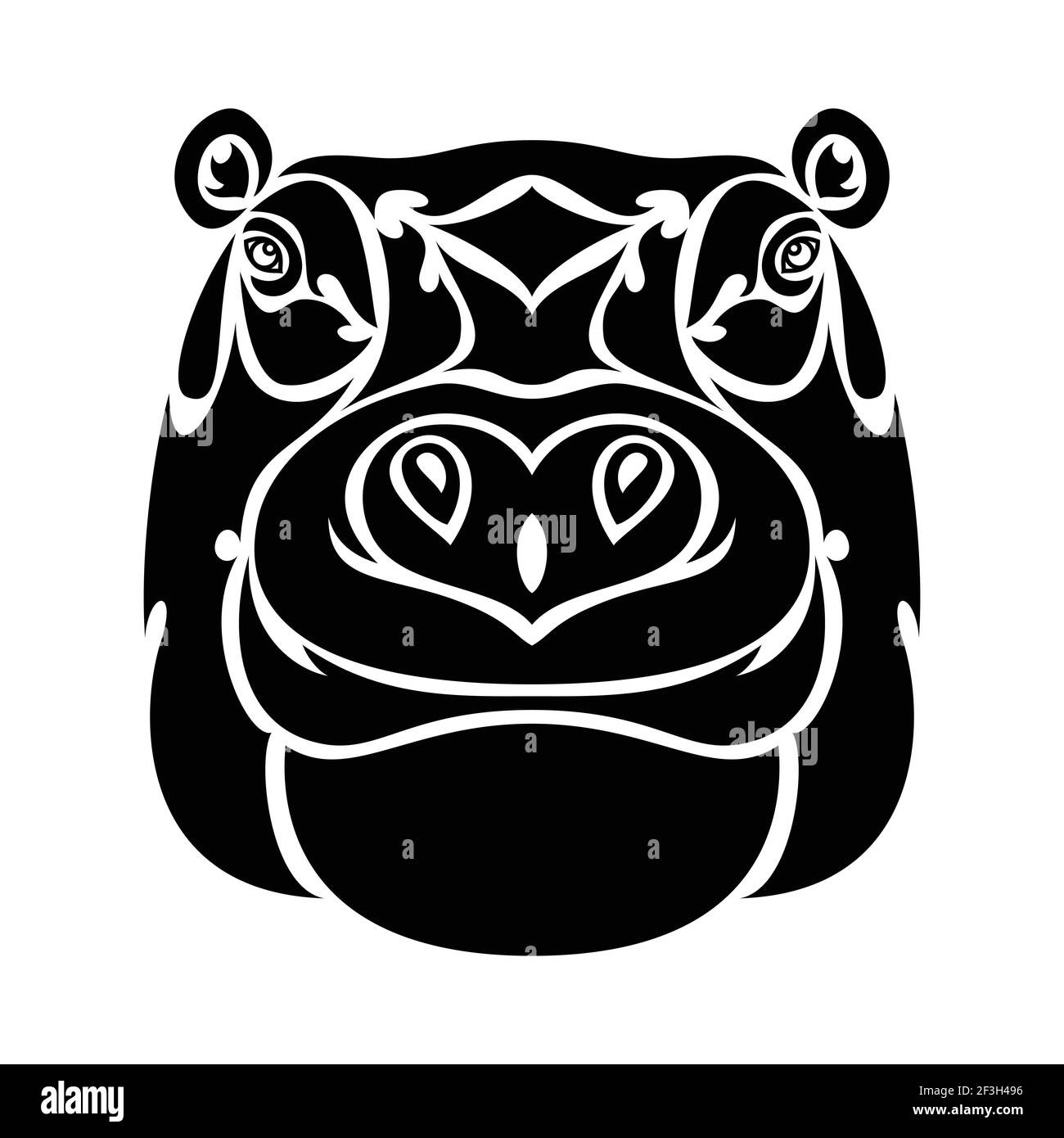 Portrait abstrait dessiné à la main d'un hippopotame pour tatouage, logo, décoration murale, motif T-shirt, extérieur. Illustration vectorielle stylisée sur fond blanc. Illustration de Vecteur