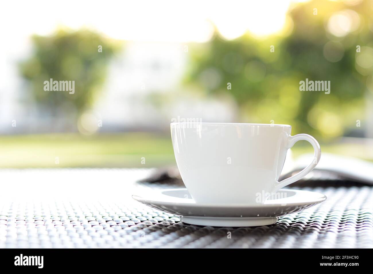 Tasse à café avec livre sur fond de nature vert flou - concept de détente Banque D'Images