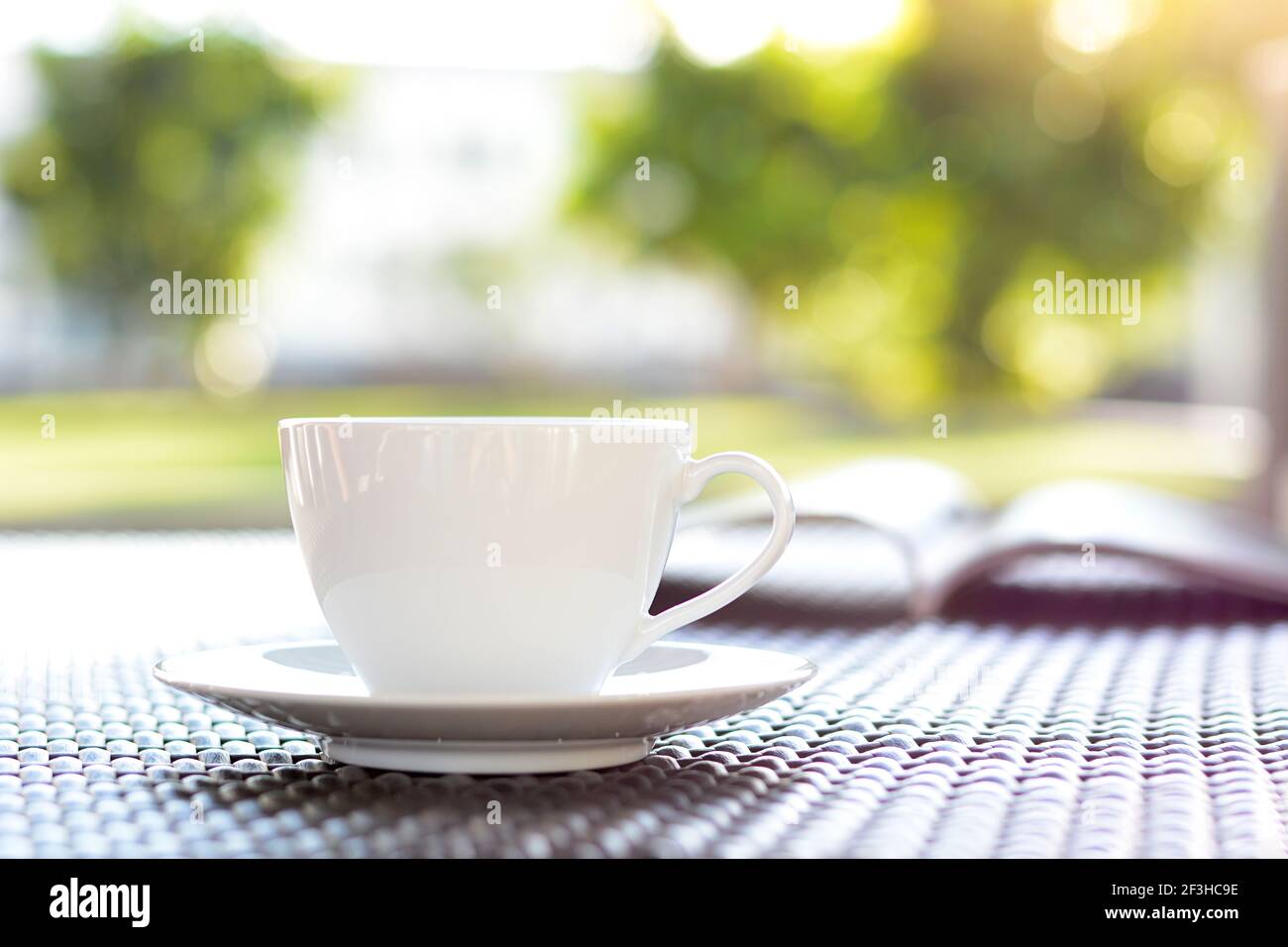 Tasse à café avec livre sur fond de nature vert flou - concept de détente Banque D'Images