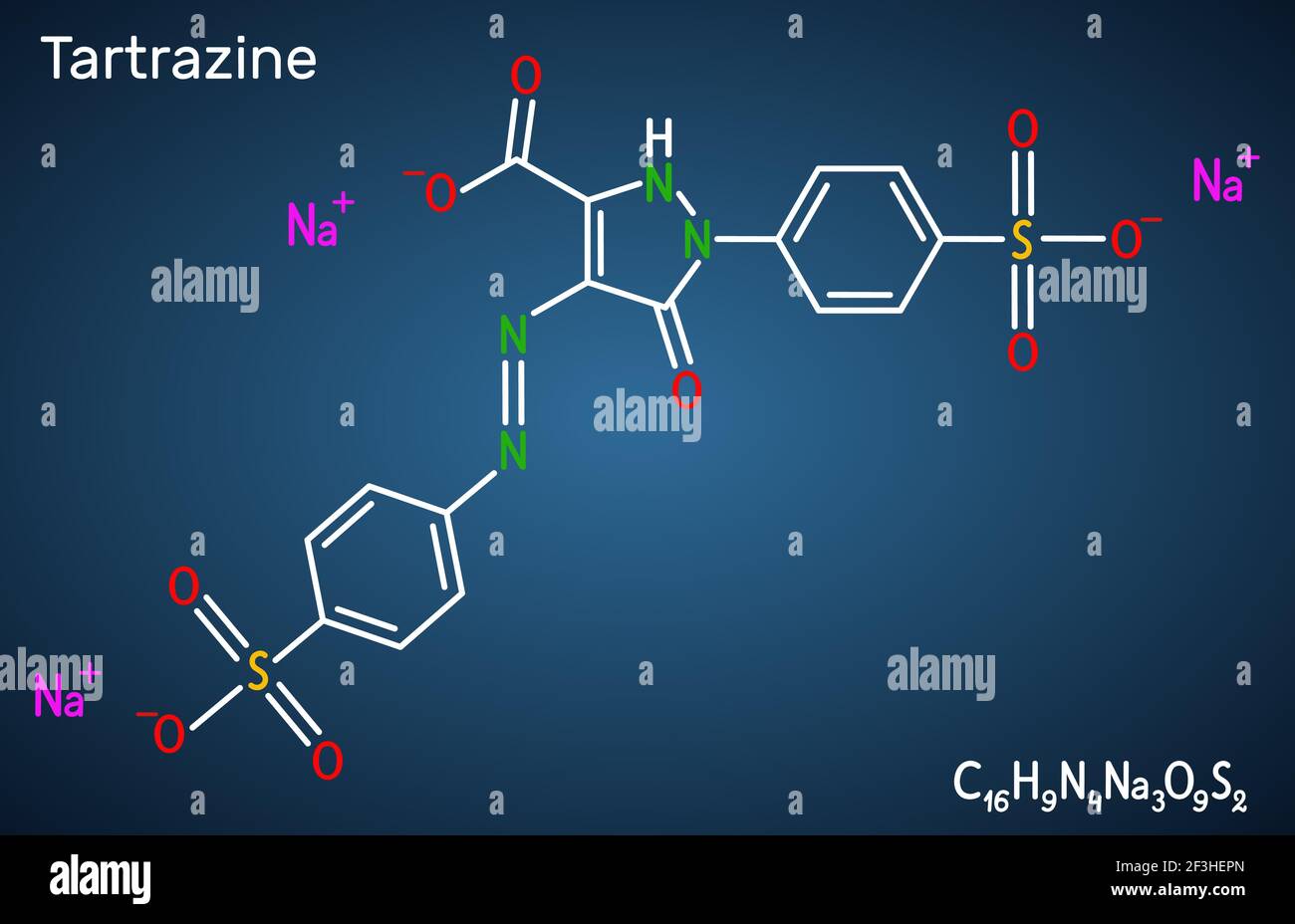 Molécule de tartrazine. Il s'agit d'un sel trisodique d'acide tartrazine, d'un colorant azoïque jaune, d'un colorant alimentaire, d'un supplément colorant alimentaire, E102. Formule chimique structurelle, Illustration de Vecteur