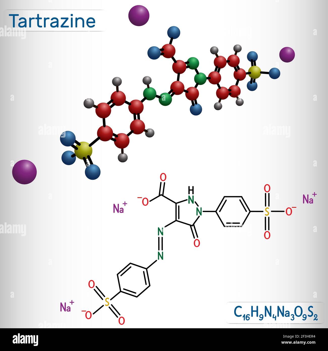 Molécule de tartrazine. Il s'agit d'un sel trisodique d'acide tartrazine, d'un colorant azoïque jaune, d'un colorant alimentaire, d'un supplément colorant alimentaire, E102. Formule chimique structurelle, Illustration de Vecteur
