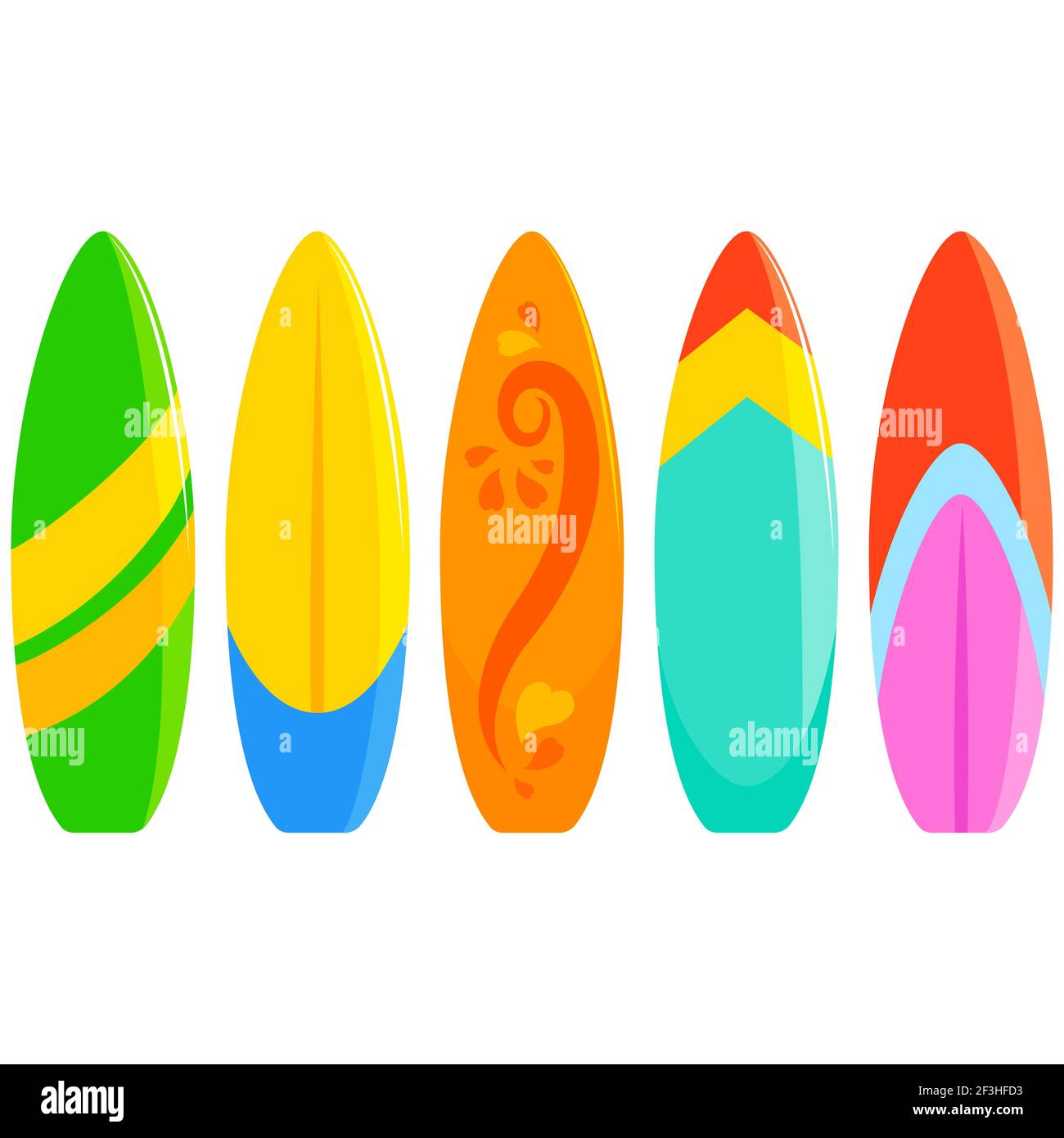 Planches de surf colorées sur fond blanc. Banque D'Images
