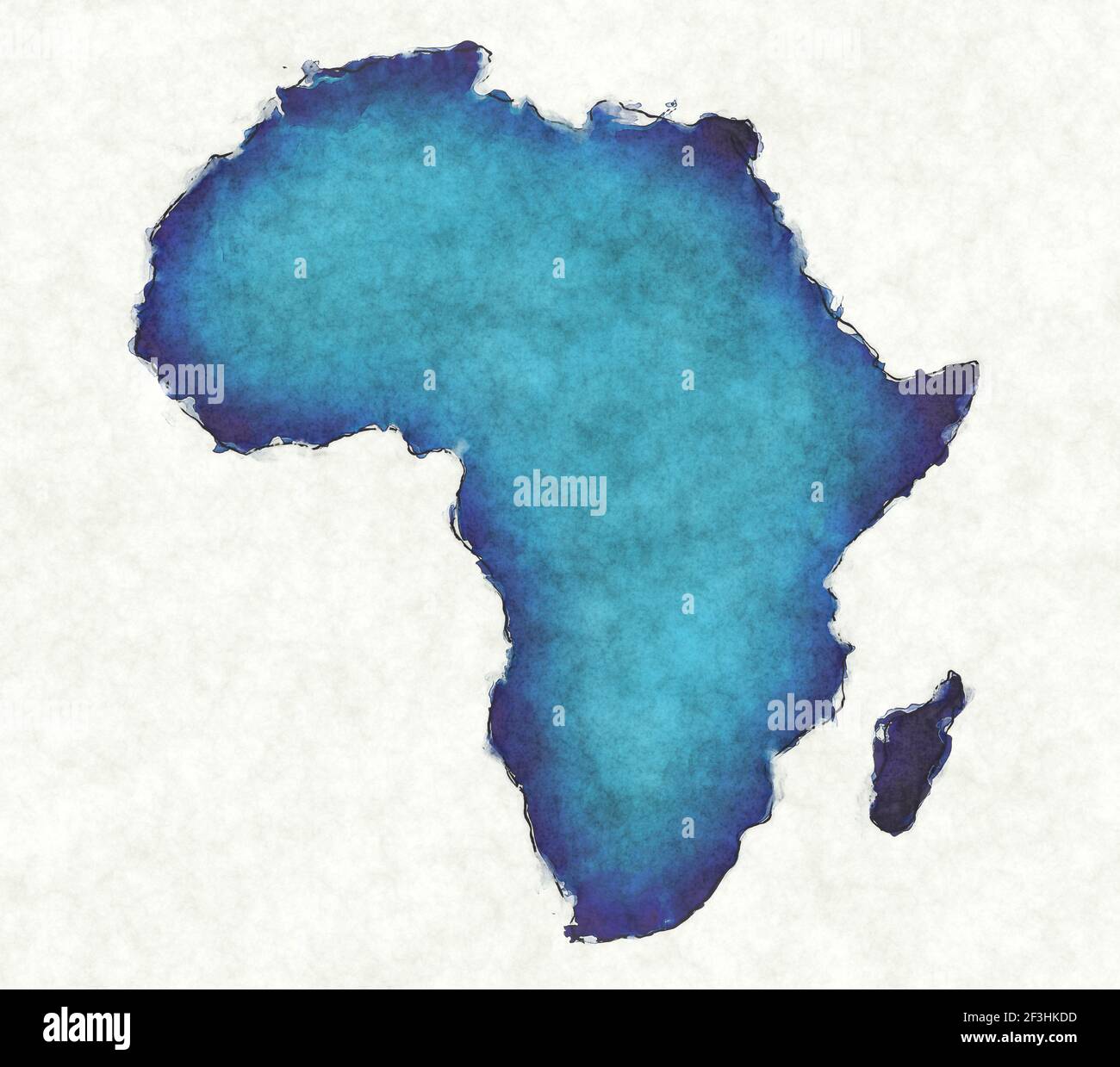 Carte de l'Afrique avec lignes dessinées et illustration bleu aquarelle Banque D'Images