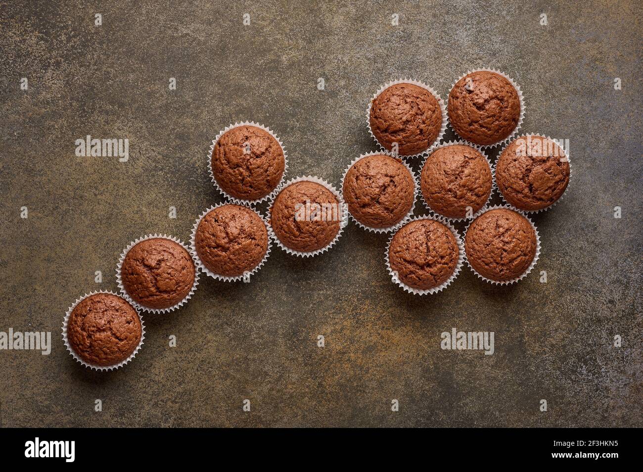 Les petits gâteaux faits maison au chocolat sont doublés de formes florales, de l'espace pour les copies, vue du dessus Banque D'Images