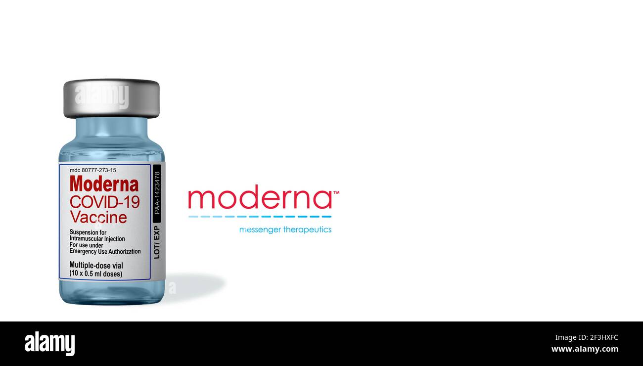 Marseille, France - Mars 16, 2021: Moderna Inc vaccin COVID-19 - vaccin coronavirus sur flacon - conception de bannière avec espace de copie Banque D'Images Marseille, France - Mars 16, 2021: Moderna Inc vaccin COVID-19 - vaccin coronavirus sur flacon - conception de bannière avec espace de copie Banque D'Images