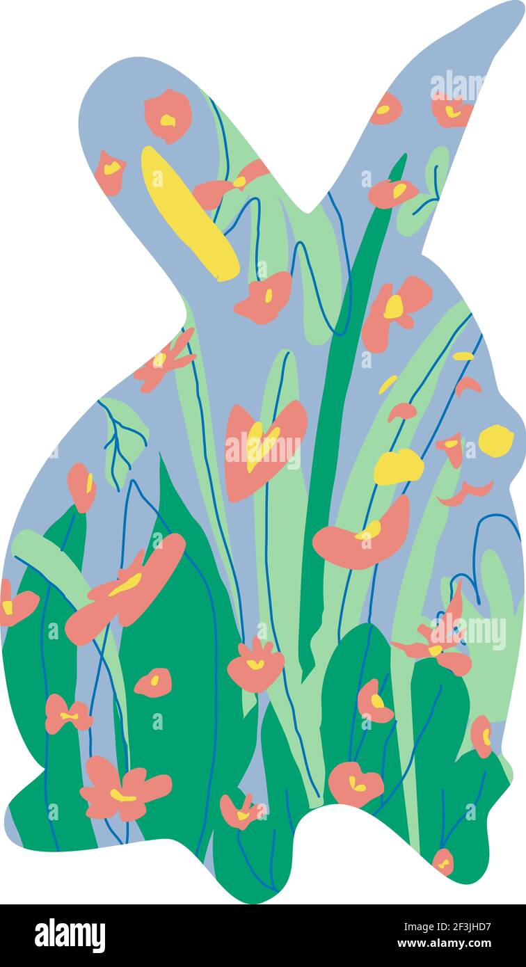 Silhouette de lapin illustrée avec des fleurs et de l'herbe. Illustration de l'écran plat du lapin de Pâques Illustration de Vecteur