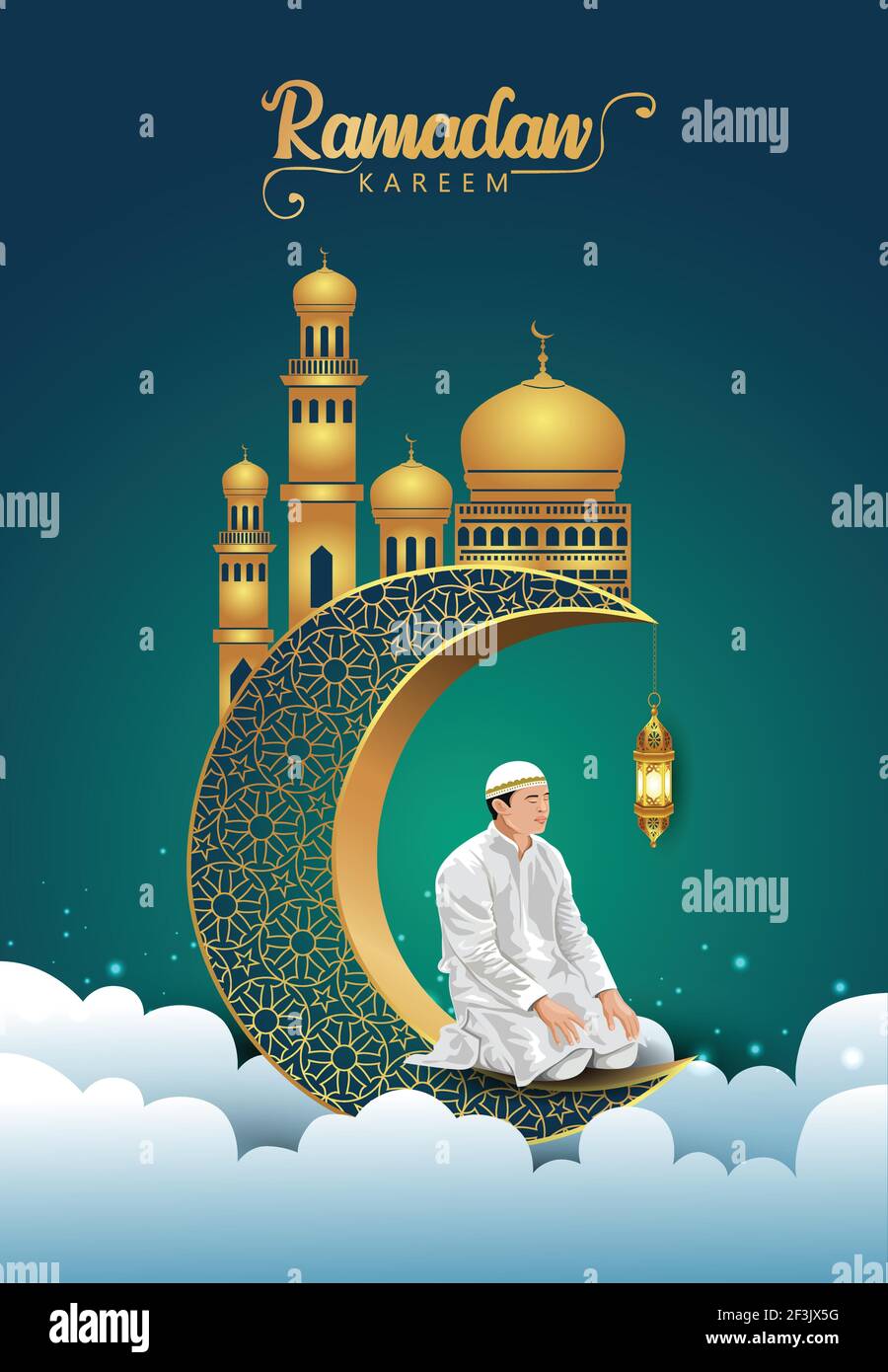 Croquis dessiné à la main de l'homme musulman priant avec la calligraphie de l'illustration d'Eid Mubarak. croissant 3d et arrière-plan de la mosquée. Illustration de Vecteur