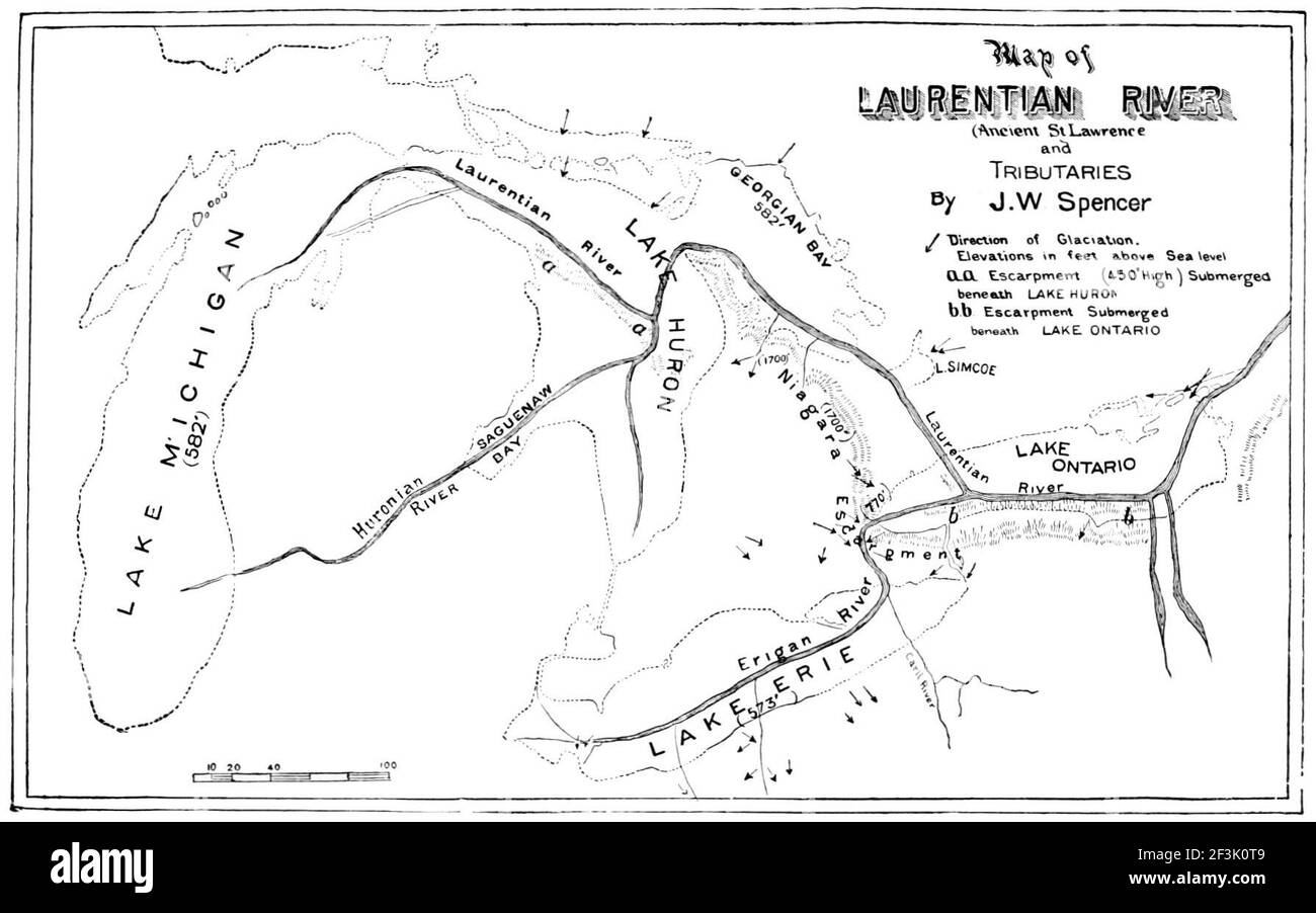 Carte de l'ancien fleuve Saint-laurent et des affluents. Banque D'Images