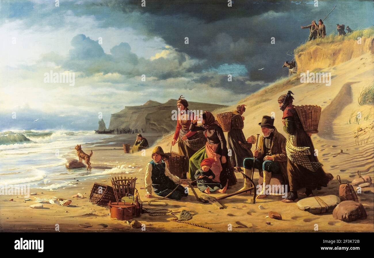 Carl Bloch, familles de pêcheurs en attente de leur retour dans une tempête qui s'approche de la côte ouest de Jutland, peinture, 1858 Banque D'Images