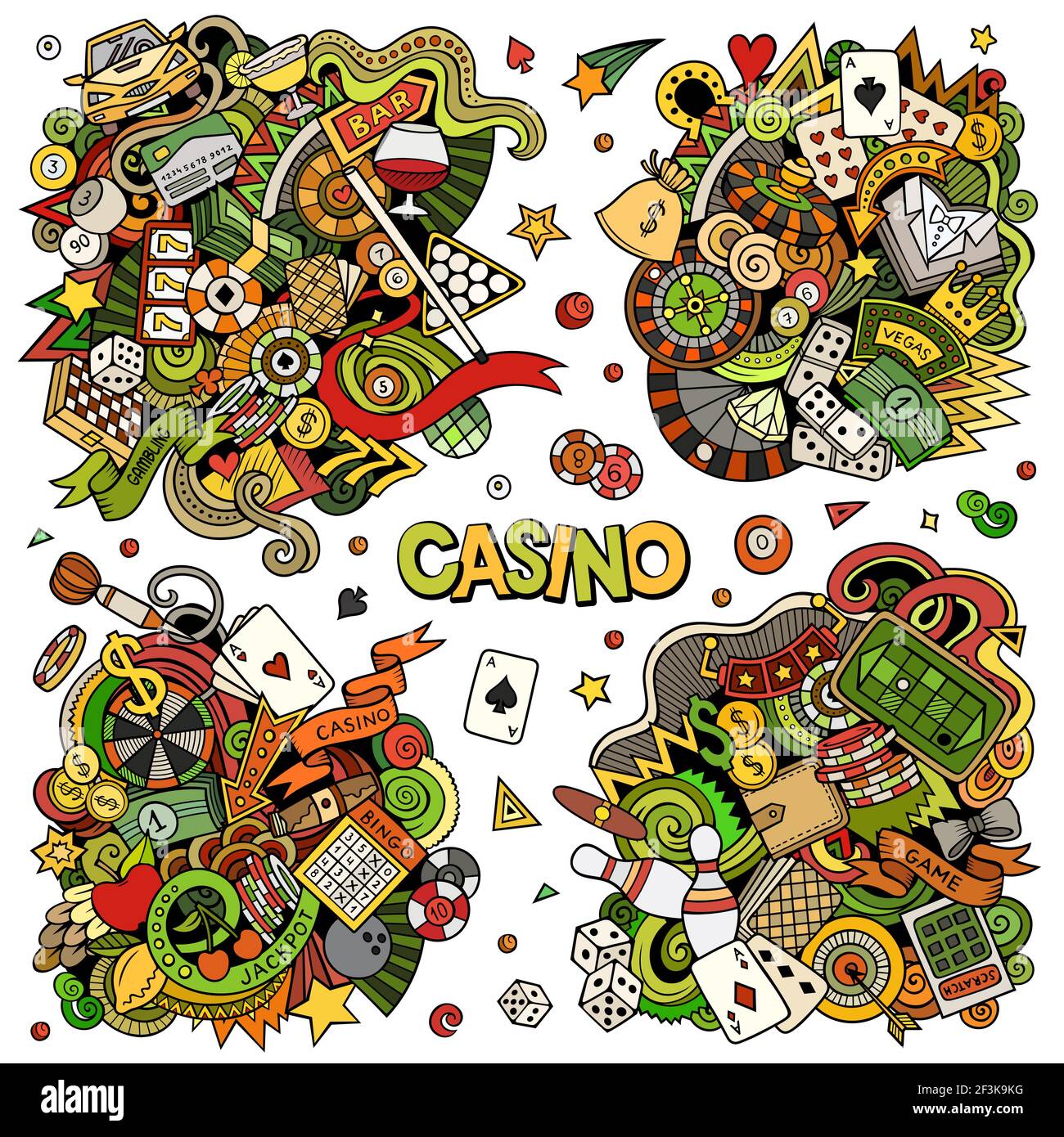 Ensemble de dessins de dessin animé de casino. Compositions détaillées colorées avec beaucoup d'objets de jeu et de symboles. Tous les éléments sont séparés Illustration de Vecteur