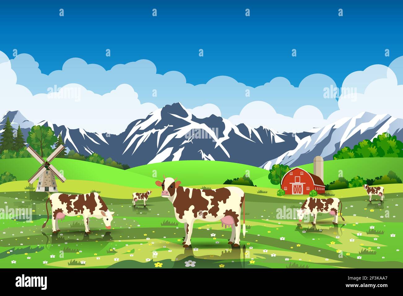 Paysage de lever de soleil rural avec vaches et ferme Illustration de Vecteur