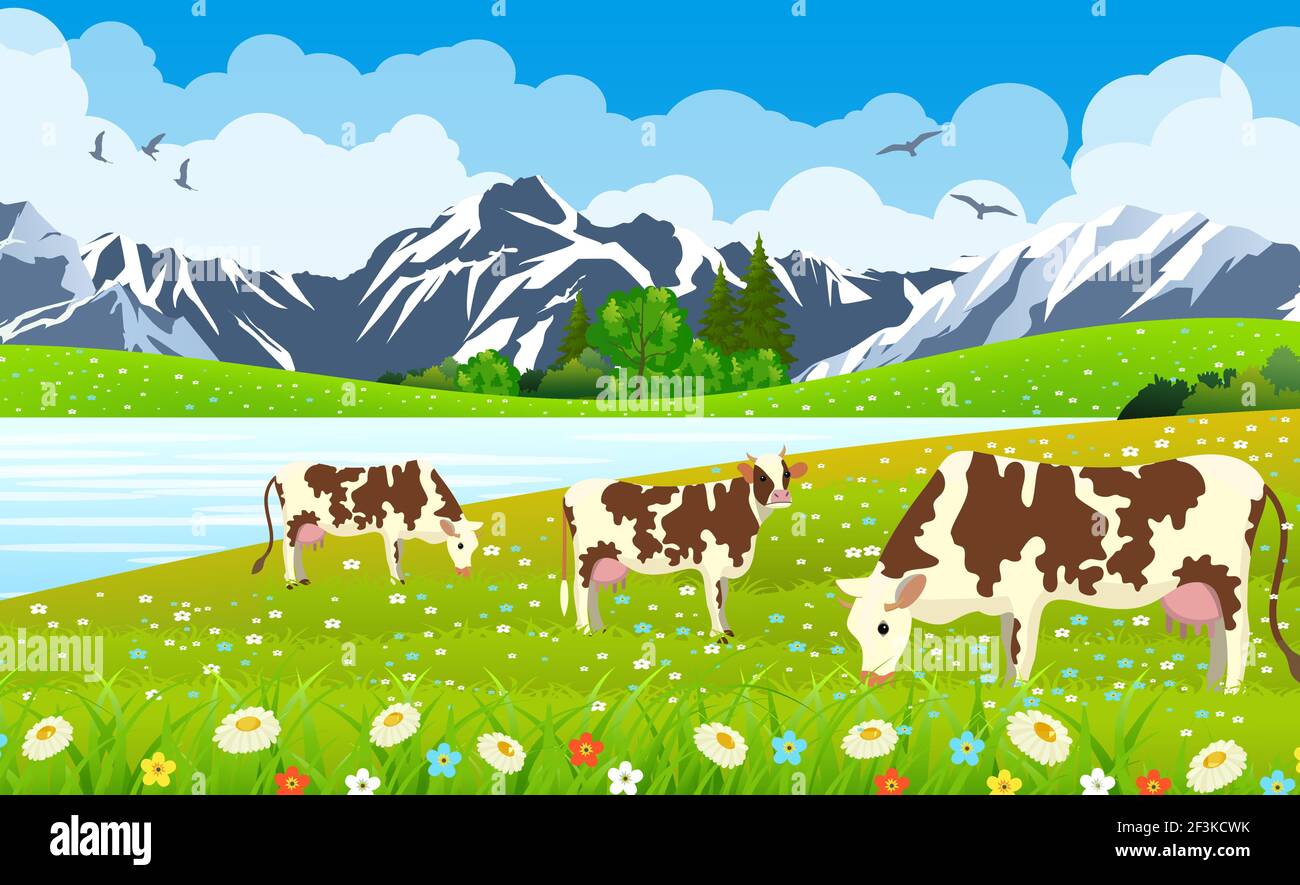 trois vaches dans un paysage et une ferme. Illustration de Vecteur