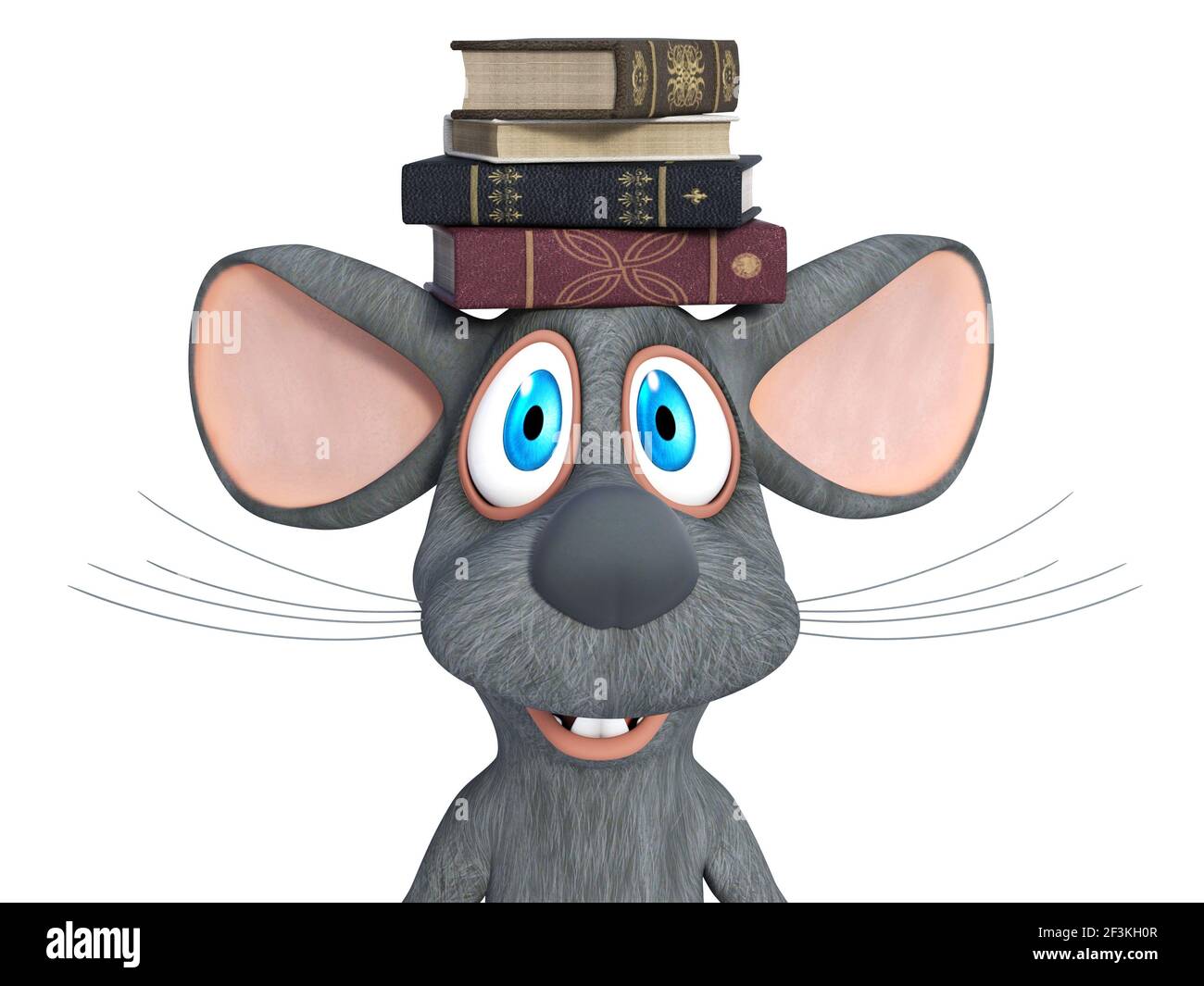 Rendu 3D d'une jolie souris de dessin animé souriante équilibrant un tas de livres sur sa tête. Arrière-plan blanc. Banque D'Images