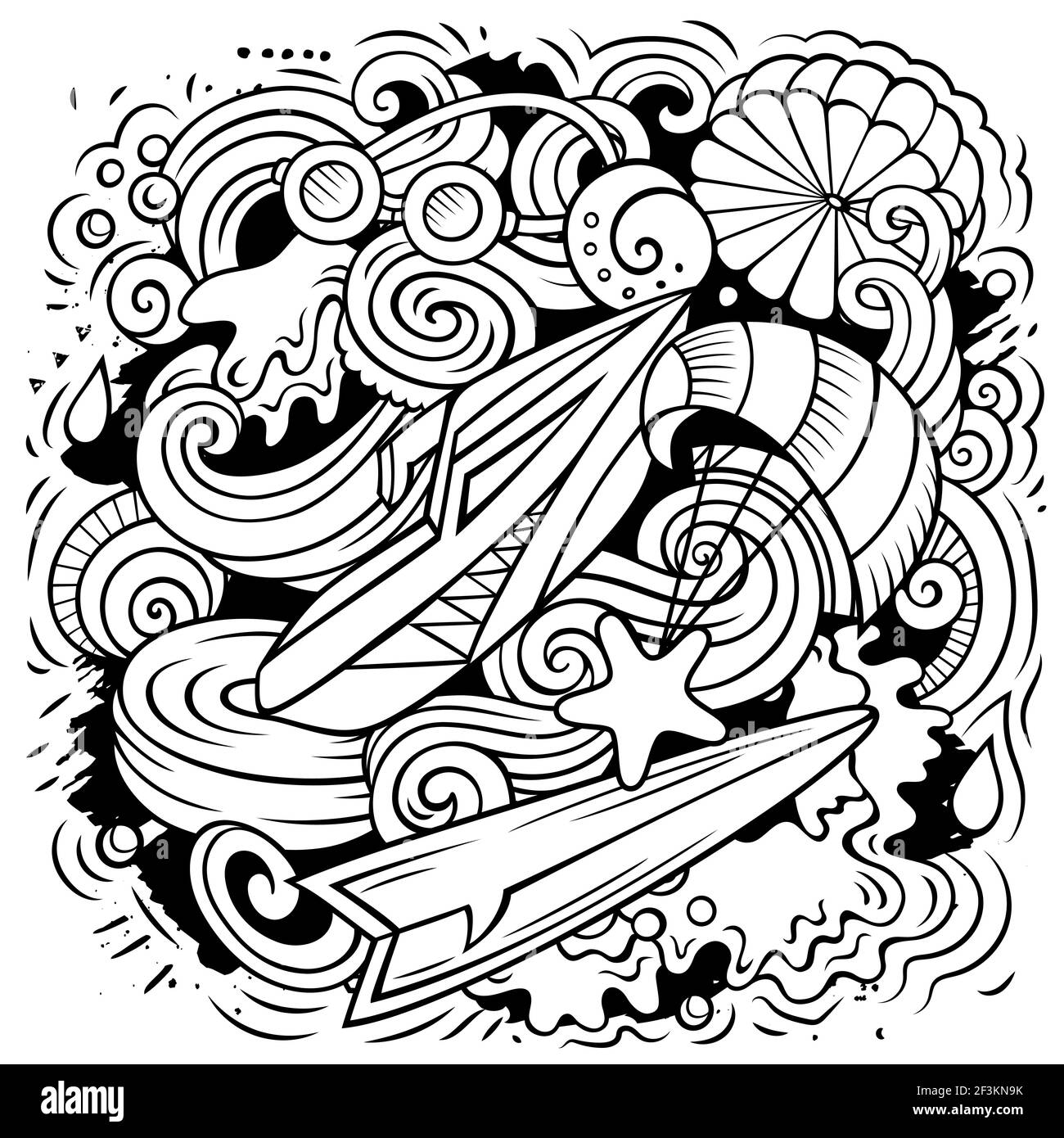 Illustration de la bande dessinée des sports d'été. Design amusant. Arrière-plan vectoriel créatif. Éléments et objets de sport nautique. Composition de dessins au trait Illustration de Vecteur