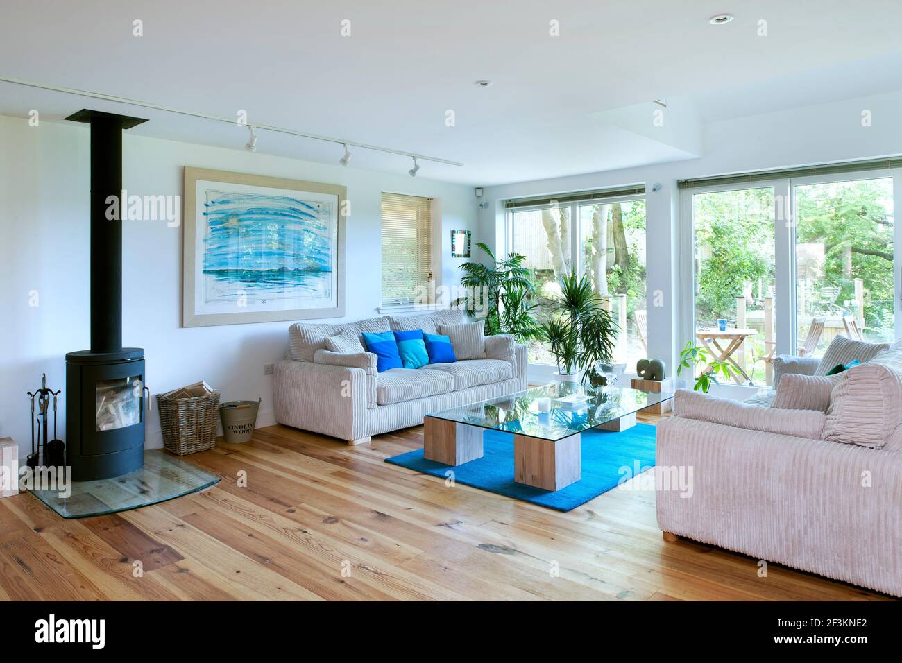 Salon principal, vue sur le jardin (brûleur à bois éteint) Banque D'Images