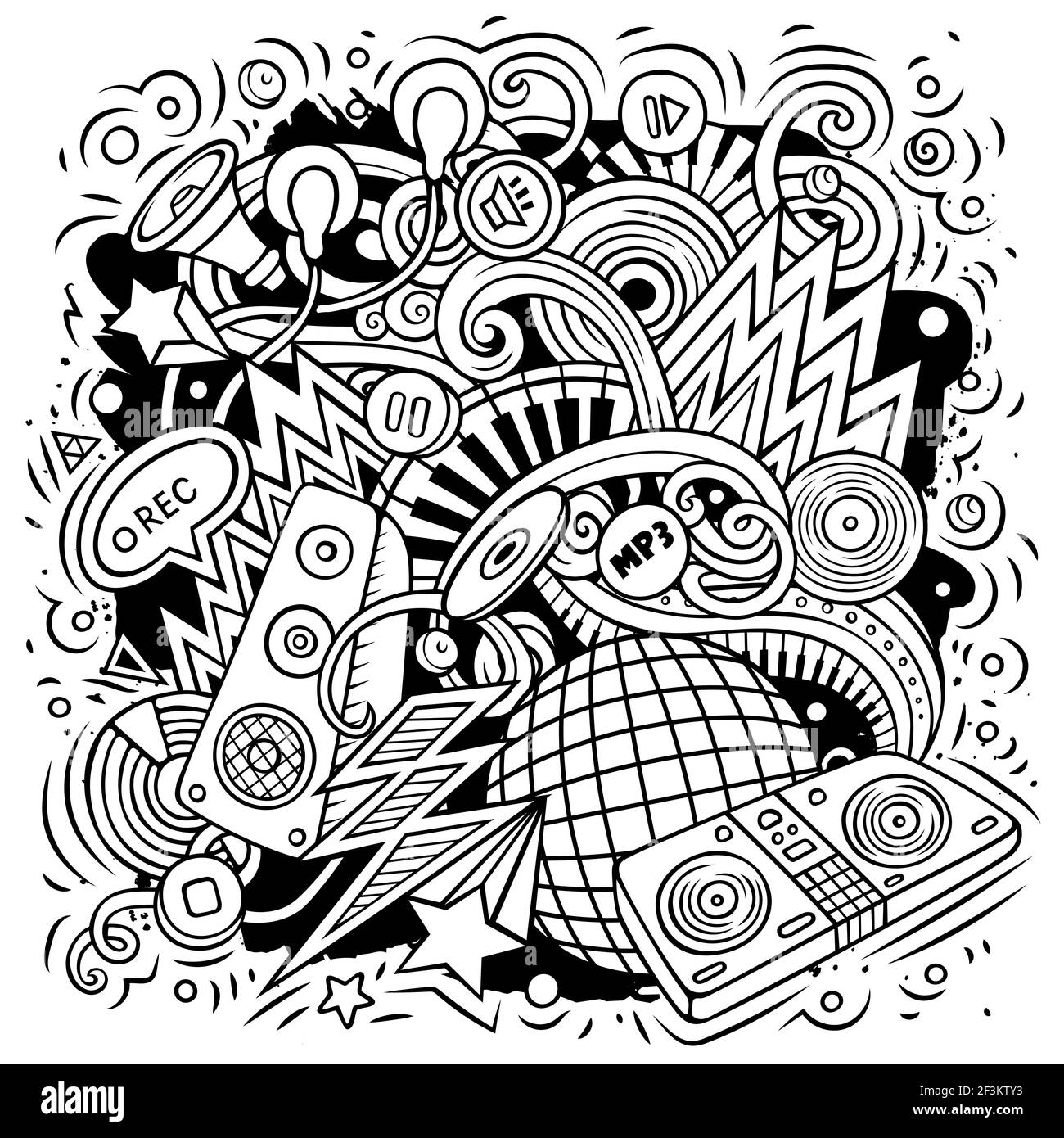 Dessin animé vectoriel griffée musique disco illustration. Dessin au trait, détaillé, avec beaucoup d'arrière-plan d'objets. Tous les objets sont séparés. Comédie musicale drôle d'image Illustration de Vecteur