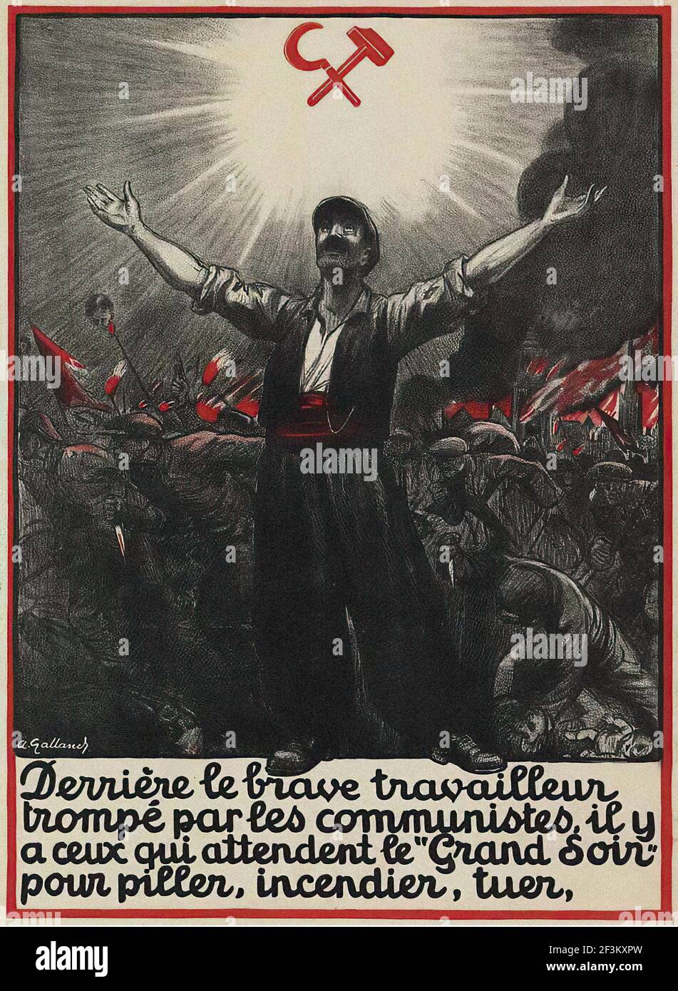 Affiche de propagande anti-communiste française. Beaucoup de travailleurs se trompent sur les communistes, qui s'attendent en fait à ce que la grande nuit vienne, quand elle sera po Banque D'Images
