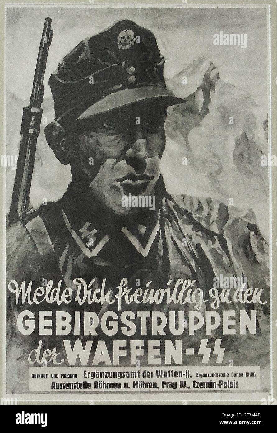 Affiche de propagande de recrutement allemande vintage. Volontaire avec les troupes de montagne du Waffen SS en protectorat de Bohême et Moravie (occupant allemand Banque D'Images