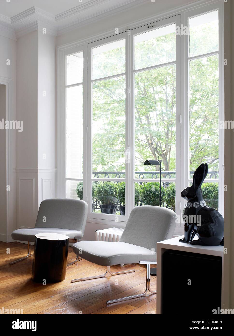 Grandes fenêtres dans la salle de séjour avec deux chaises modernes, table basse et lapin noir ornemental dans l'appartement français. Banque D'Images