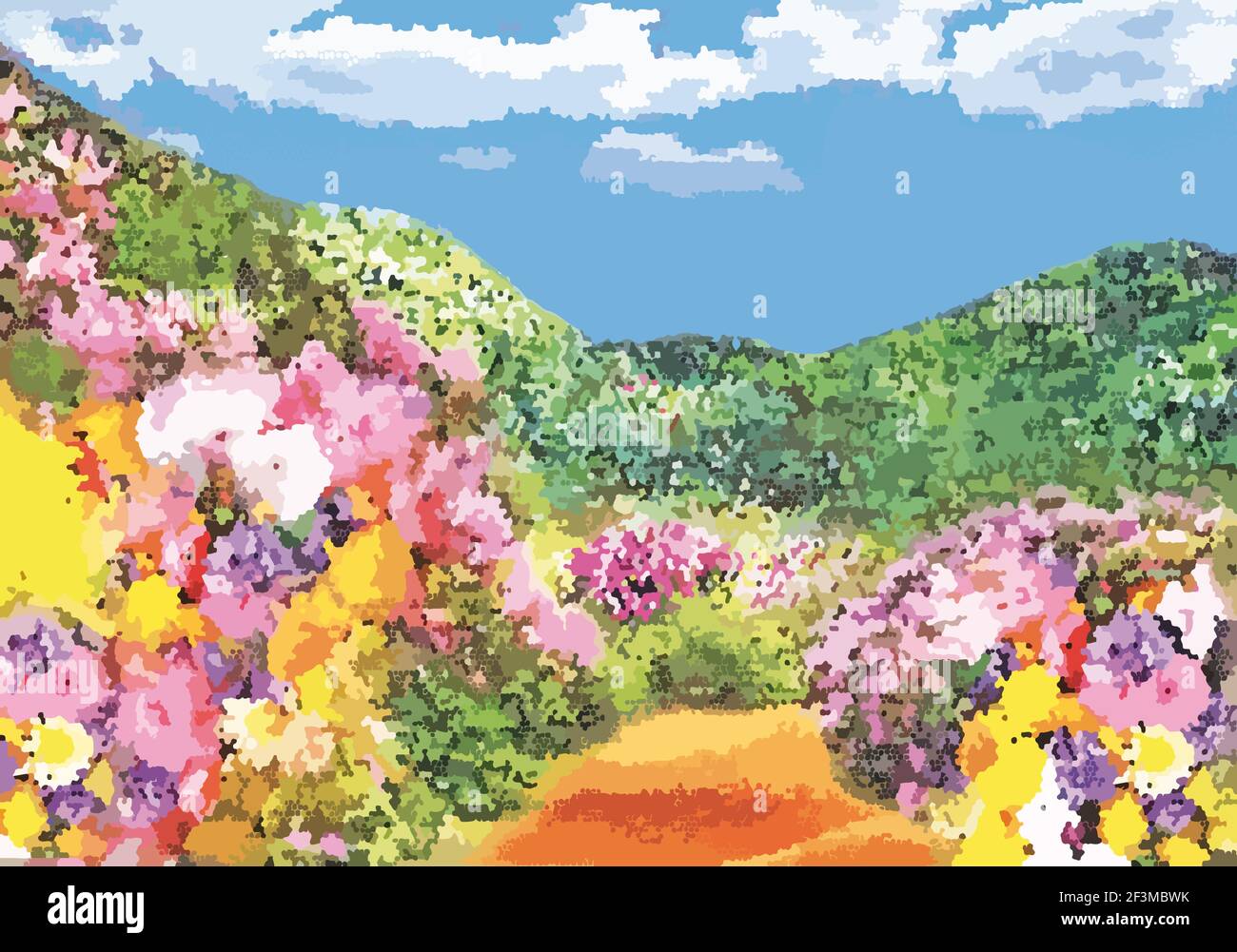 jardin avec arbustes fleuris et un chemin, ciel avec nuages. Illustration vectorielle Illustration de Vecteur