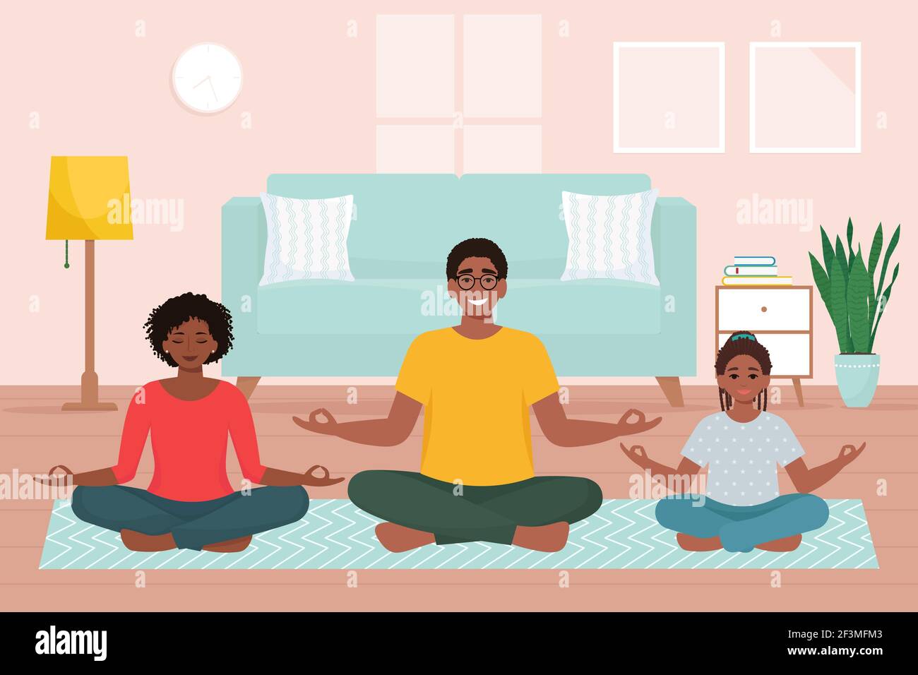 Famille afro-américaine faisant du yoga ensemble à la maison. Jolie illustration vectorielle de style plat Illustration de Vecteur