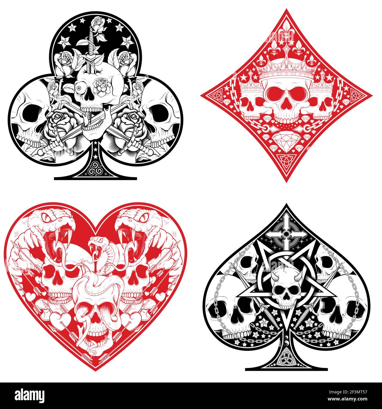 conception vectorielle des symboles de coeur, diamant, trèfle et poker ace avec différents motifs de crâne Illustration de Vecteur
