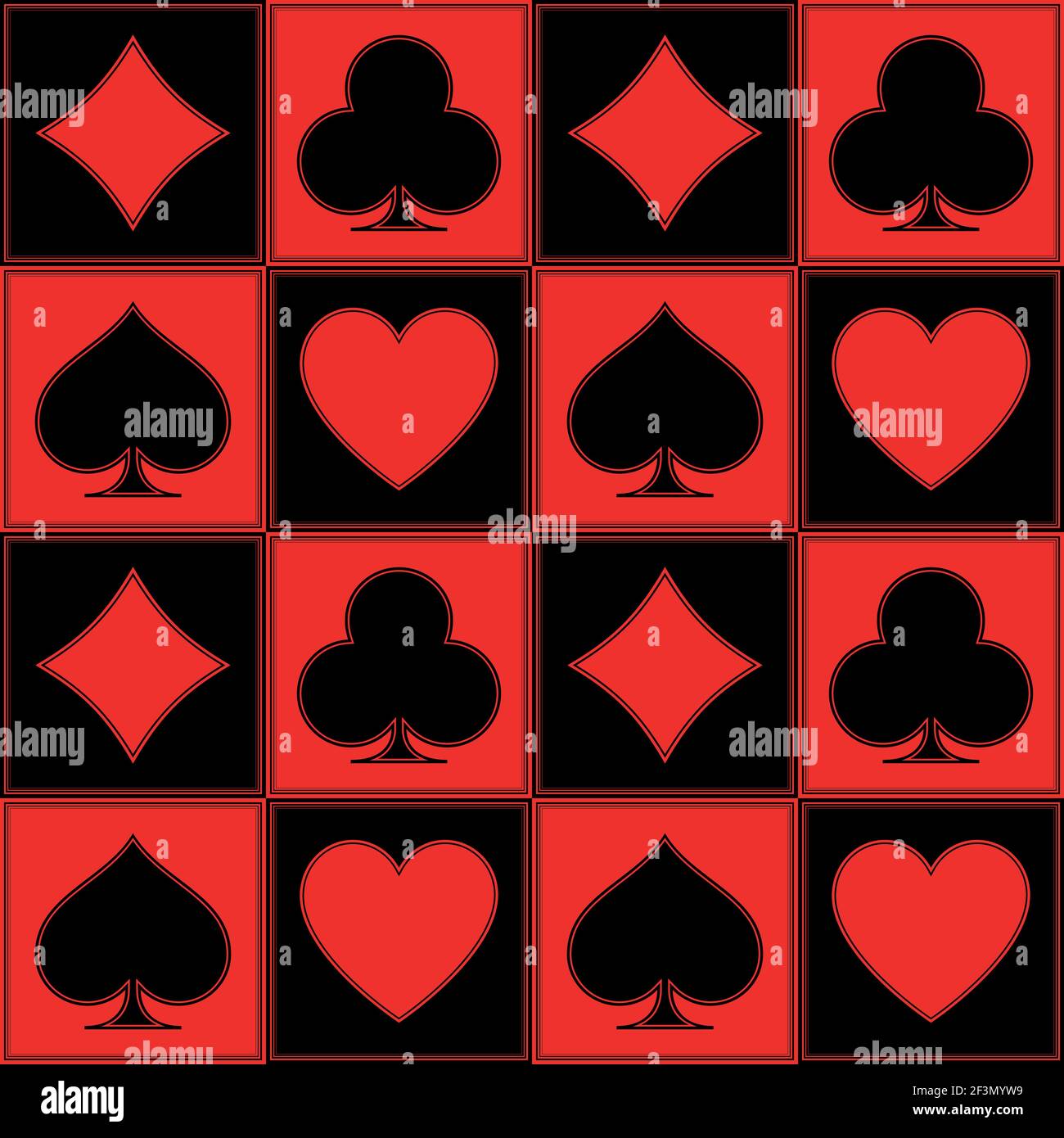 Dessin vectoriel d'un motif de poker, avec les symboles du trèfle, de l'as, des diamants et du coeur, en rouge et noir Illustration de Vecteur