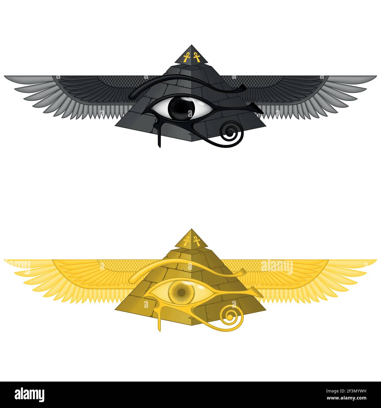 Illustration vectorielle de la pyramide aigée avec l'œil d'horus, l'ancienne pyramide égyptienne avec des ailes, la pyramide ailées, l'œil d'horus, la croix ankh Illustration de Vecteur