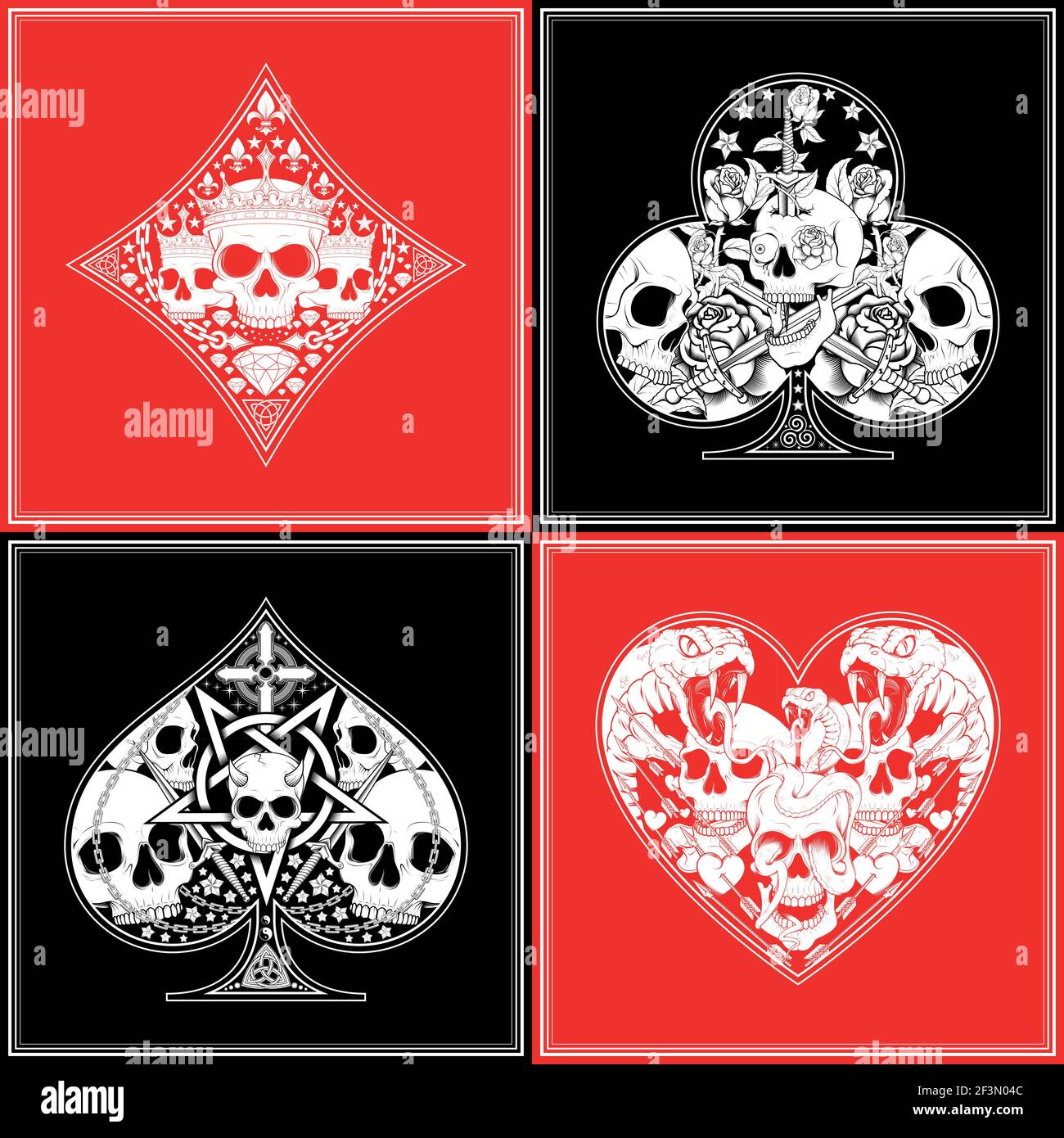 Dessin vectoriel du motif de poker, avec les symboles du trèfle, de l'as, des diamants et du coeur, avec des crânes Illustration de Vecteur