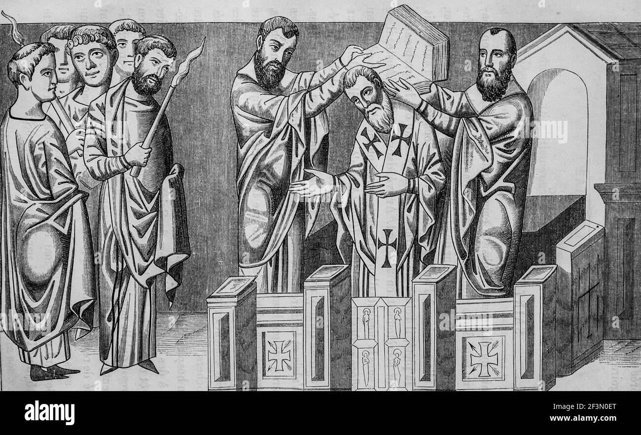 consécration d'un eveque dans les premiers temps de l'eglise, la vie illustrae des saints,éditeur firmin -didot, 1887 Banque D'Images