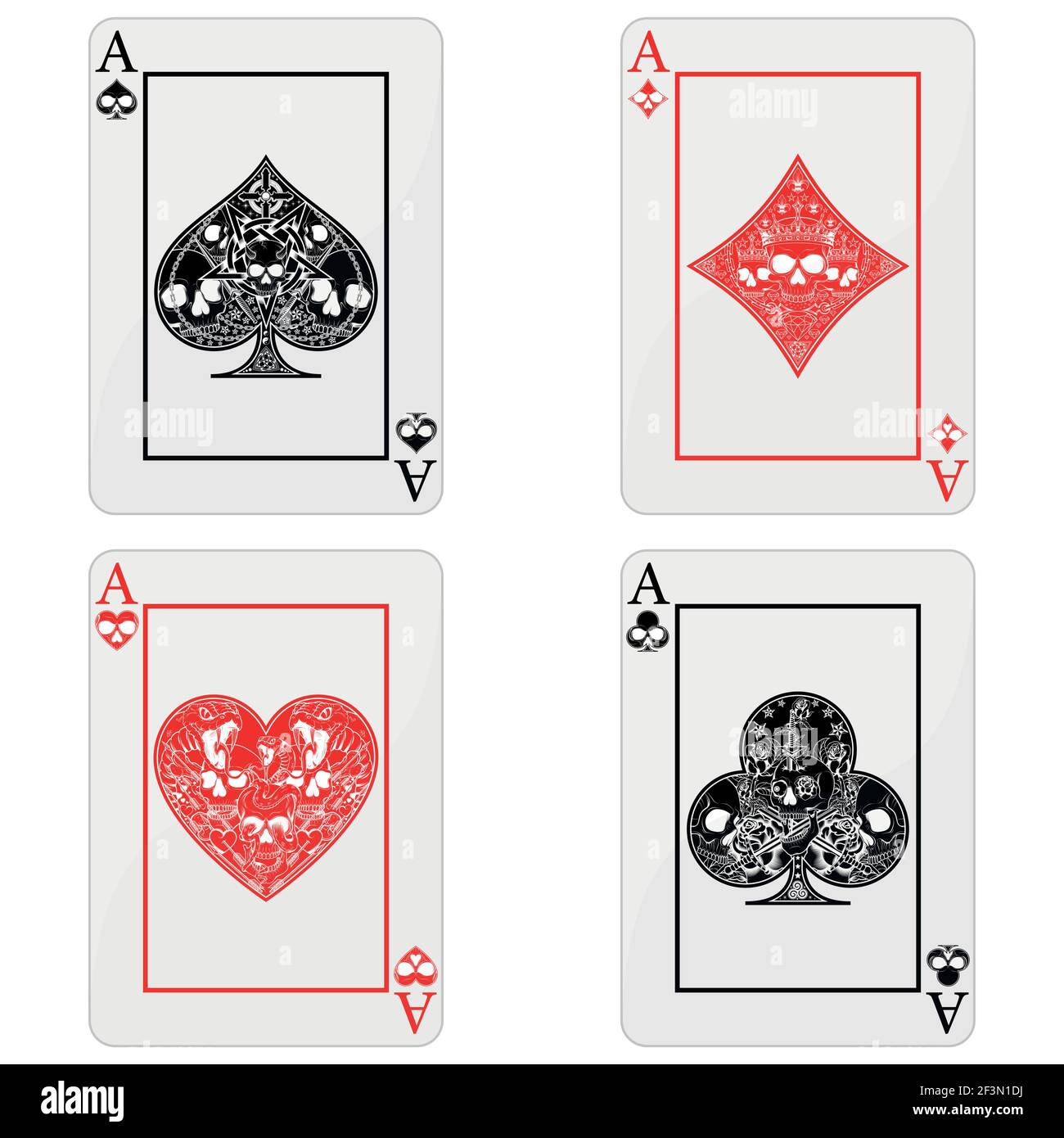 conception de cartes de poker avec des crânes, les symboles du coeur, le diamant, le trèfle et l'as avec différents styles de ligne. Illustration de Vecteur
