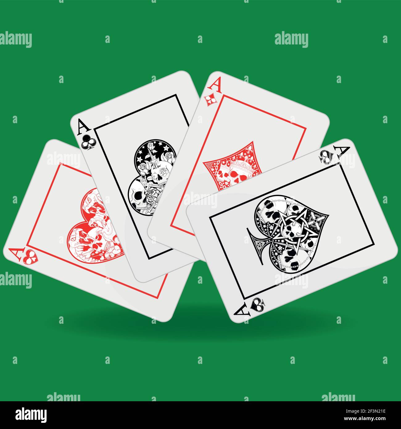 Dessin de main de poker, coeur, diamant, trèfle et symboles ace avec différents motifs de crâne Illustration de Vecteur