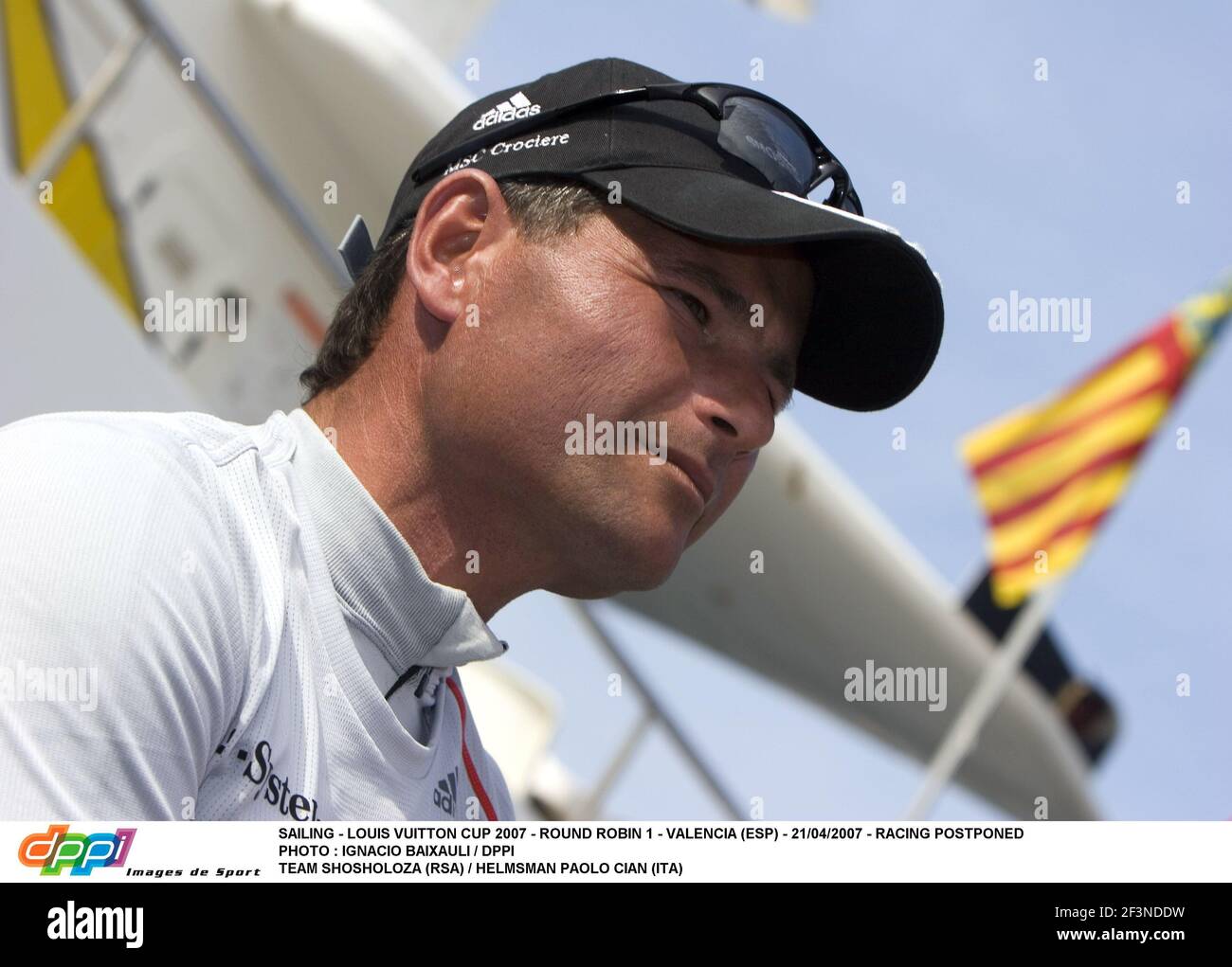 VOILE - LOUIS VUITTON CUP 2007 - ROUND ROBIN 1 - VALENCE (ESP) - 21/04/2007 - COURSE PHOTO REPORTÉE : IGNACIO BAAIXAULI / ÉQUIPE DPPI SHOSHOLOZA (RSA) / HELMSMAN PAOLO CIAN (ITA) Banque D'Images