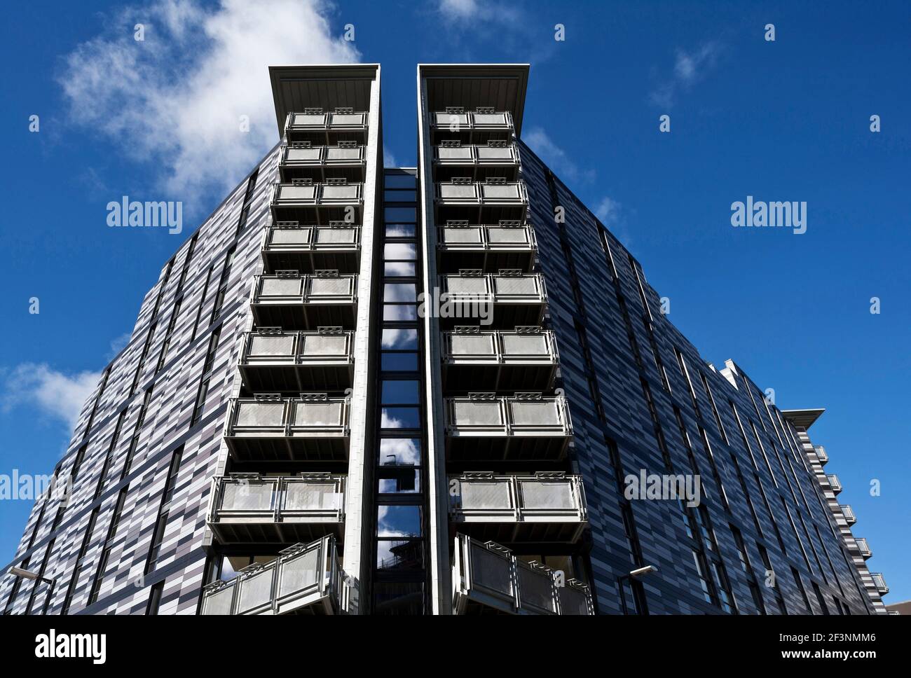 Wharton Square, social Housing avec panneaux horizontaux gris gradués à l'extérieur, agencer dans une forme octogonale autour d'une cour centrale. Banque D'Images