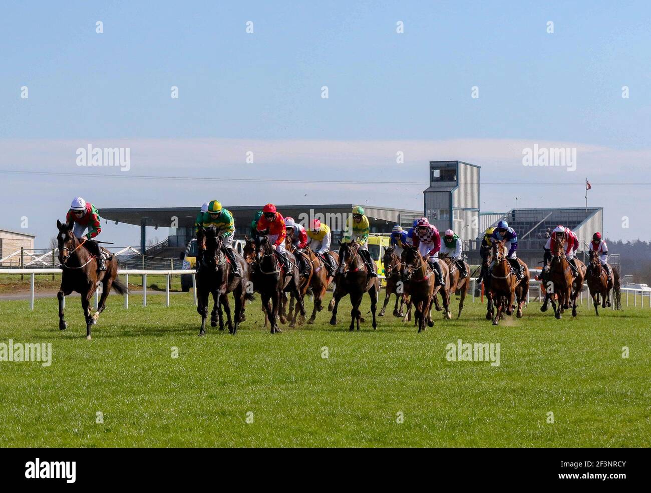 Down Royal, Lisburn, comté d'Antrim, Irlande du Nord. 17 mars 2021. St Patrick's Day Race Meeting - Bluegrasshorsefeed.com Maiden Hobstacle - course remportée par Homme d'un soir (numéro 2). Crédit : CAZIMB/Alamy Live News. Banque D'Images