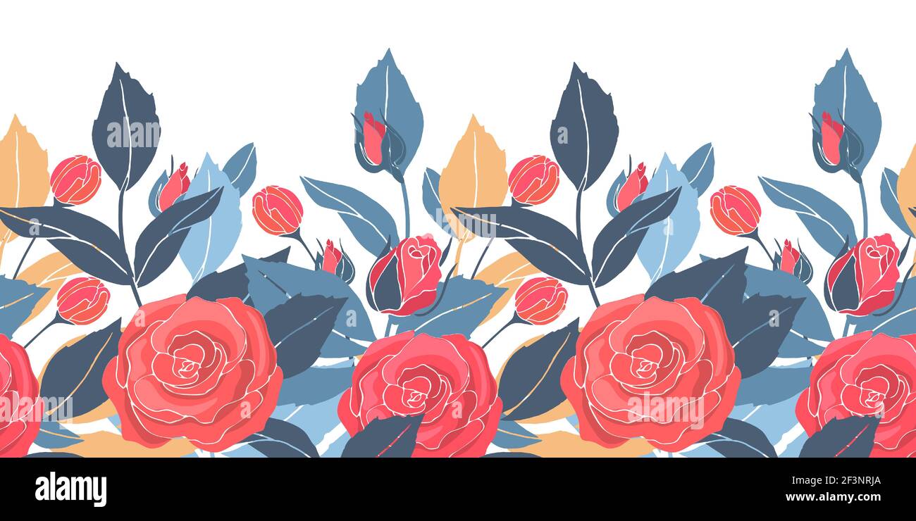 Motif vectoriel floral artistique sans couture, bordure avec roses rouges, feuilles jaunes et bleues. Illustration de Vecteur